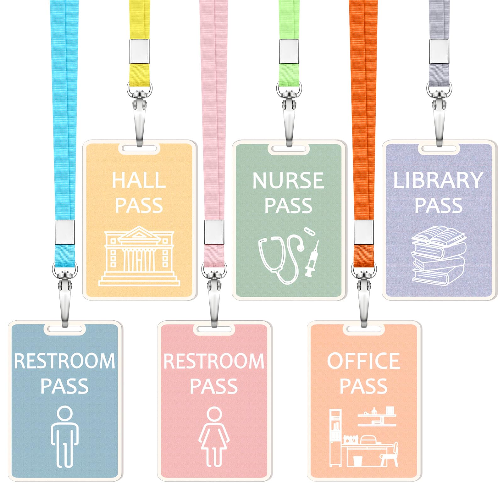 Sabary 6 Sets Hall Pass Lanyards and School Passes Set Unbreakable Wooden Bathroom Passes for Classrooms Hall, Restroom, Library, Office and Nurse School Teacher Supplies Gift (Light Color)