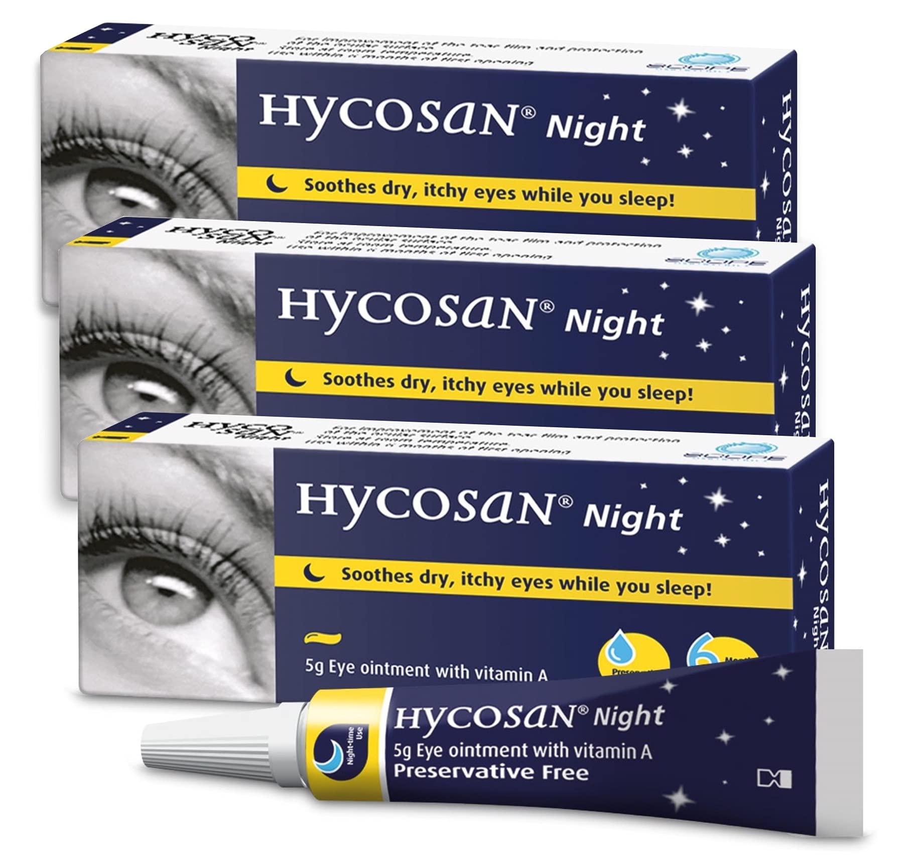 Hycosan Night - Triple Pack - Preservative and Phosphate Free Eye Ointment to Sooth Dry, Itchy Eyes While You Sleep - 3x5g