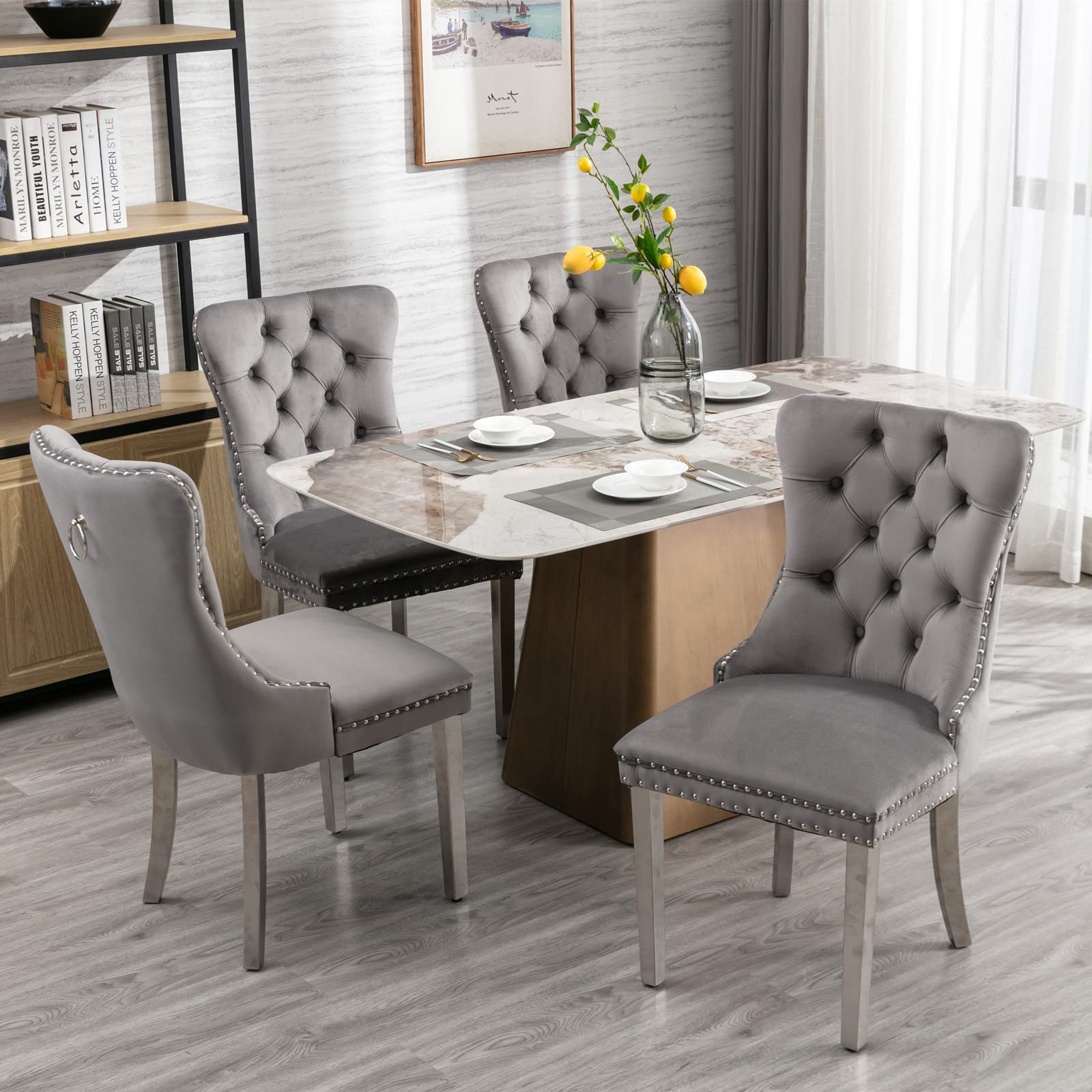 HomeTouch Luxury Velvet Dining Chairs Set of 6 Upholstered Knocker Wing Back Kitchen Dining Room Chair with Silver Steel Legs, Hand Made (GreySilver)