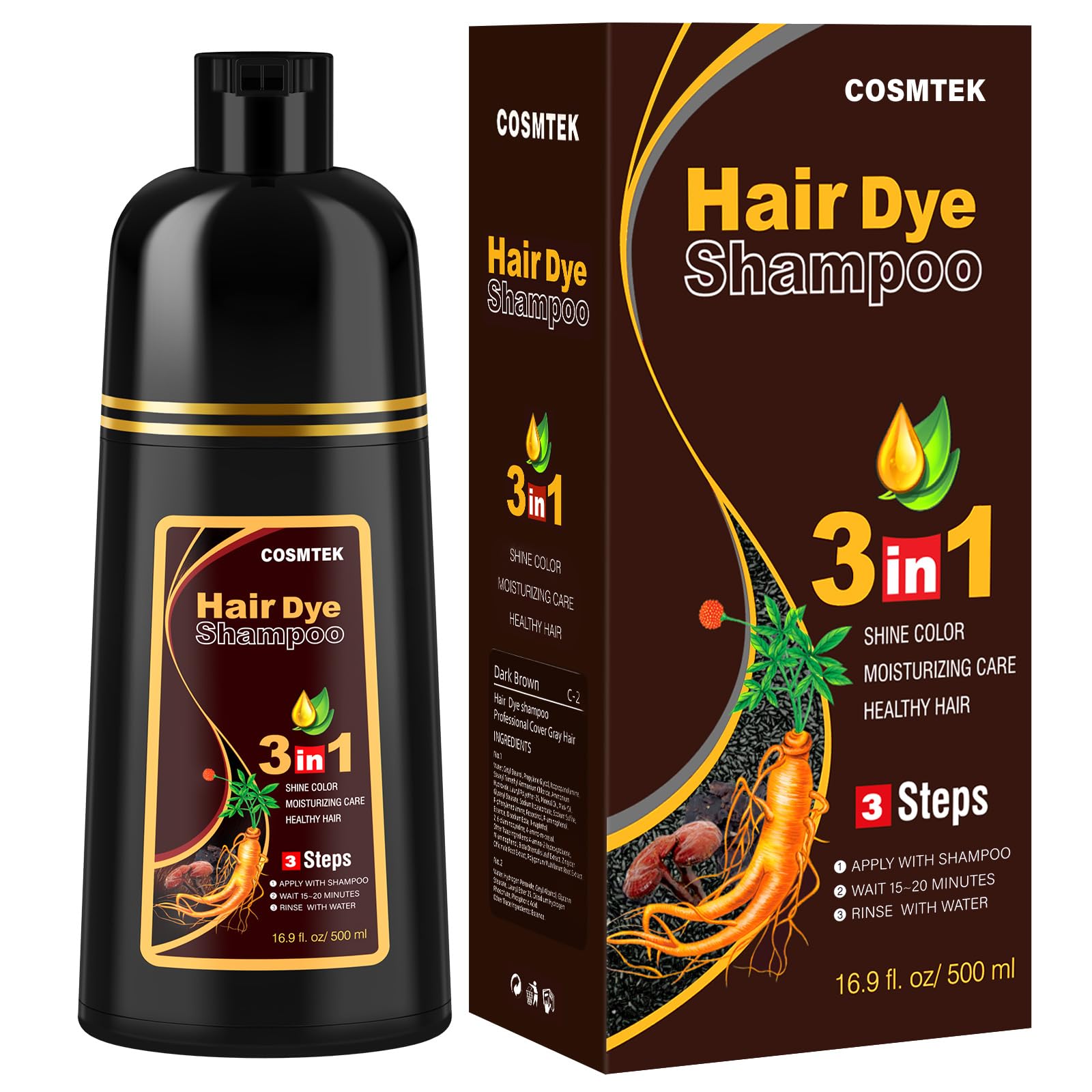 Dark Brown Hair Dye Shampoo for Men&Women, Instant Hair Colour Shampoo for Gray Hair Coverage, 3-in-1 Shampoo for Color Hair, Natural Plant Ingredients 500ml