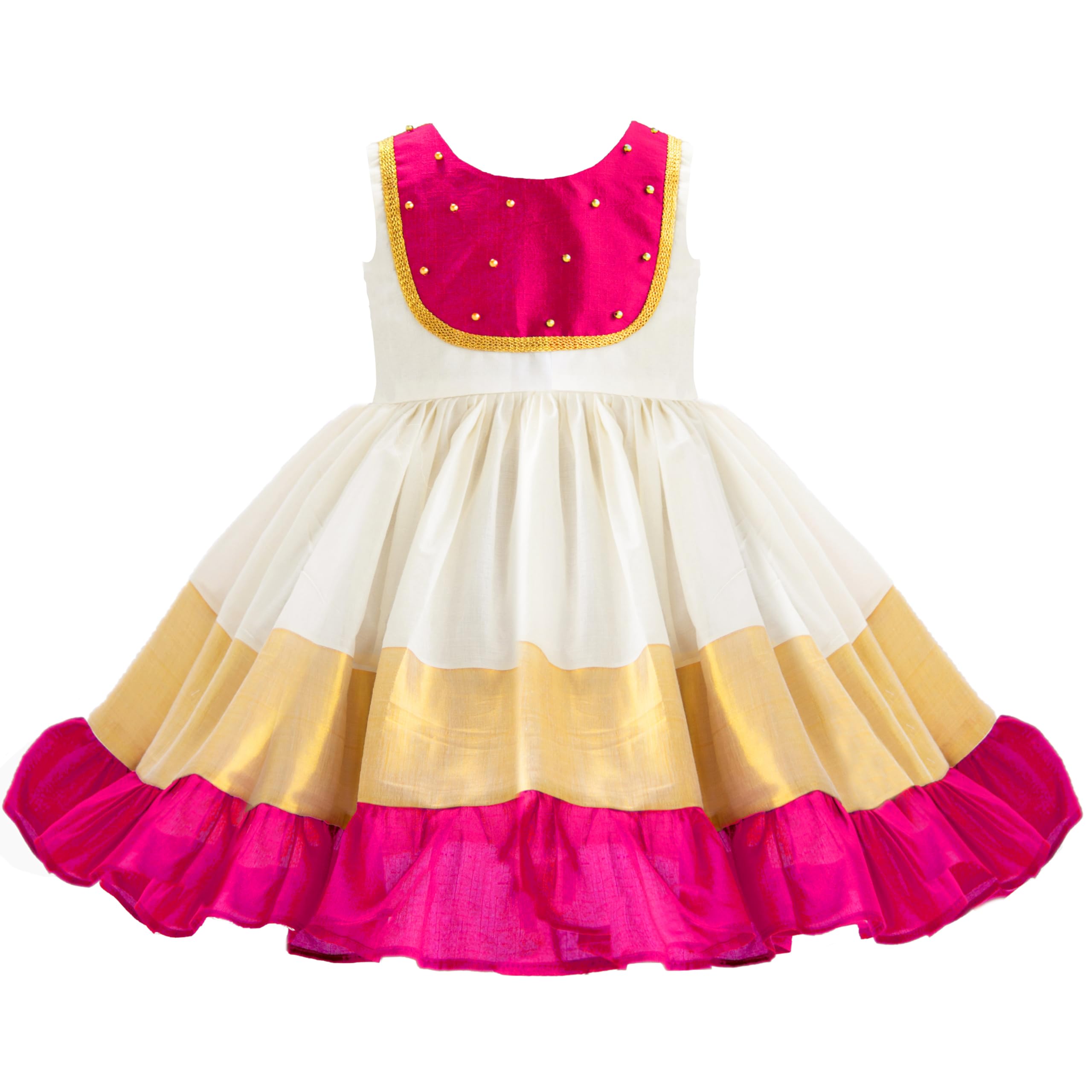 Stanwells Kids Dress for Girls Embroidery Knee Length Traditional Applique Kerala Ethnic Frock for Baby Girls Zipper Beautiful Sleeveless Birthday Western Stylish Dress for Girls