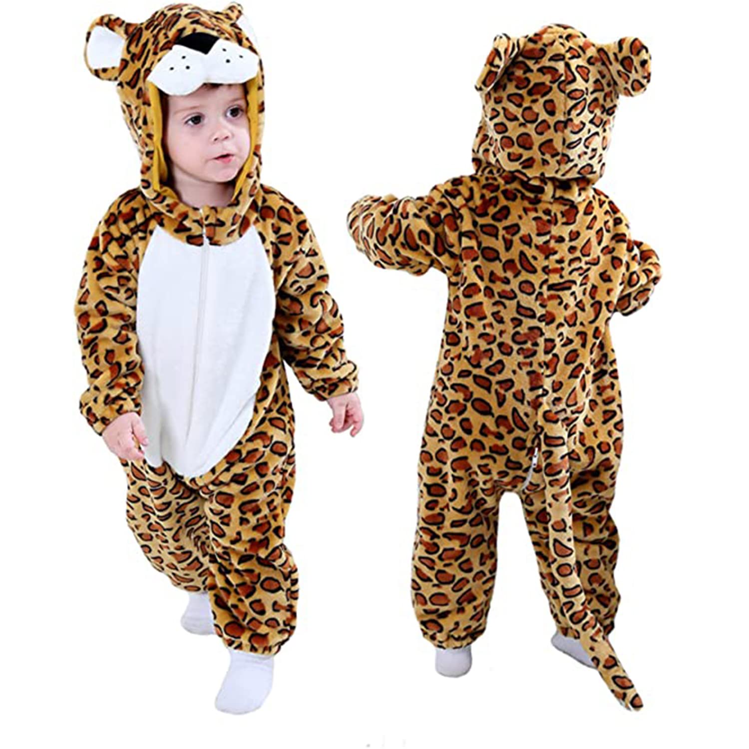 TASLAR Unisex Infant Kids Leopard Fancy Dress Costume Flannel Jumpsuit Cosplay Clothes Bunting Outfits Snowsuit Hooded Soft Romper Outwear (0-6 Months)