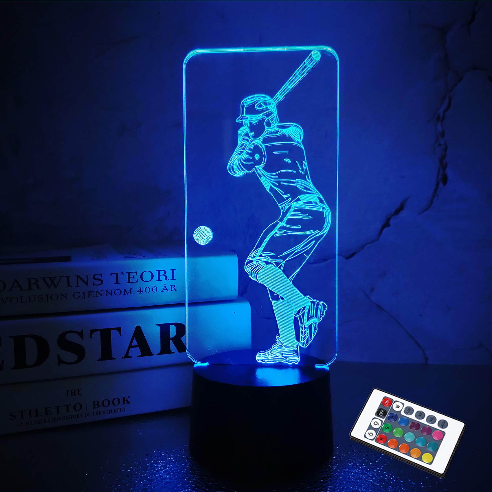 FULLOSUN Baseball 3D Night Light, Baseball Sport Gifts Bedside Lamp for Xmas Holiday Birthday Gifts for Kids Baseball Fan with Remote Control 16 Colors Changing + 4 Changing Mode + Dim Function