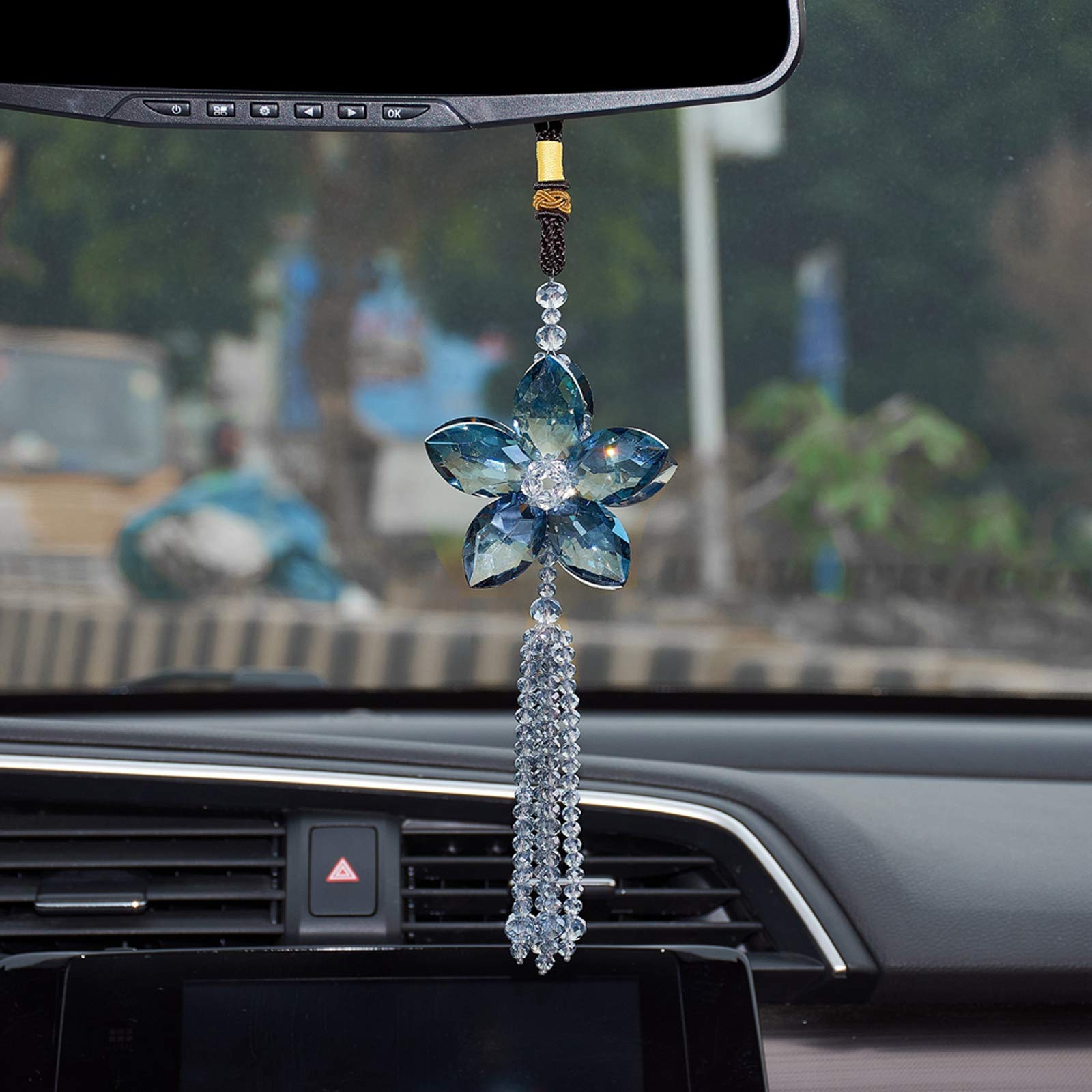 ATMOMO Crystal Flower Car Rear View Mirror Pendant Car Hanging Ornament Lucky Car Charm with Dangle Beads, Blue