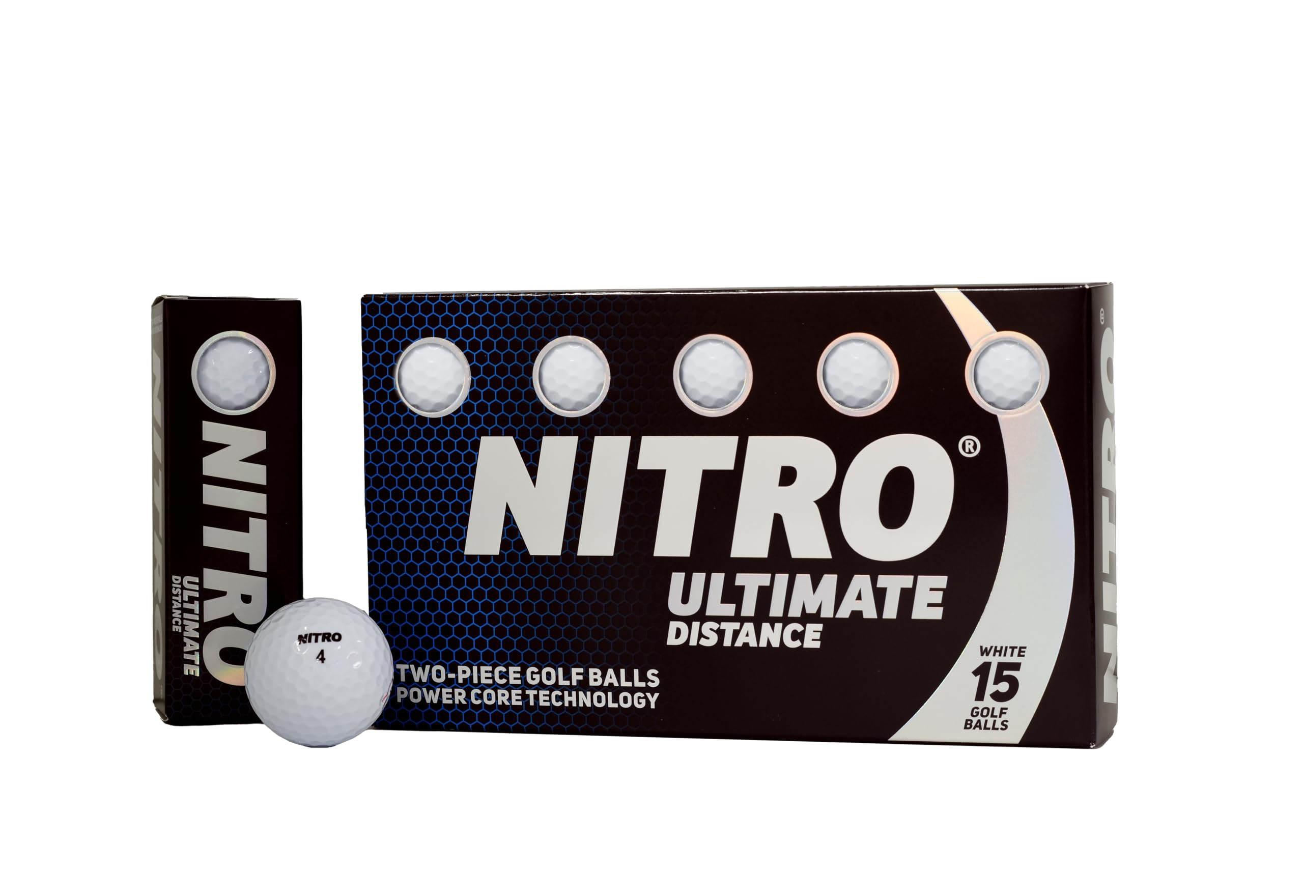 Nitro Long Distance High-Durability Golf Balls (15PK) All Levels Ultimate Distance Titanium Core High Velocity Great Stop & Sticking Ability Golf Balls USGA Approved-Total of 15-White