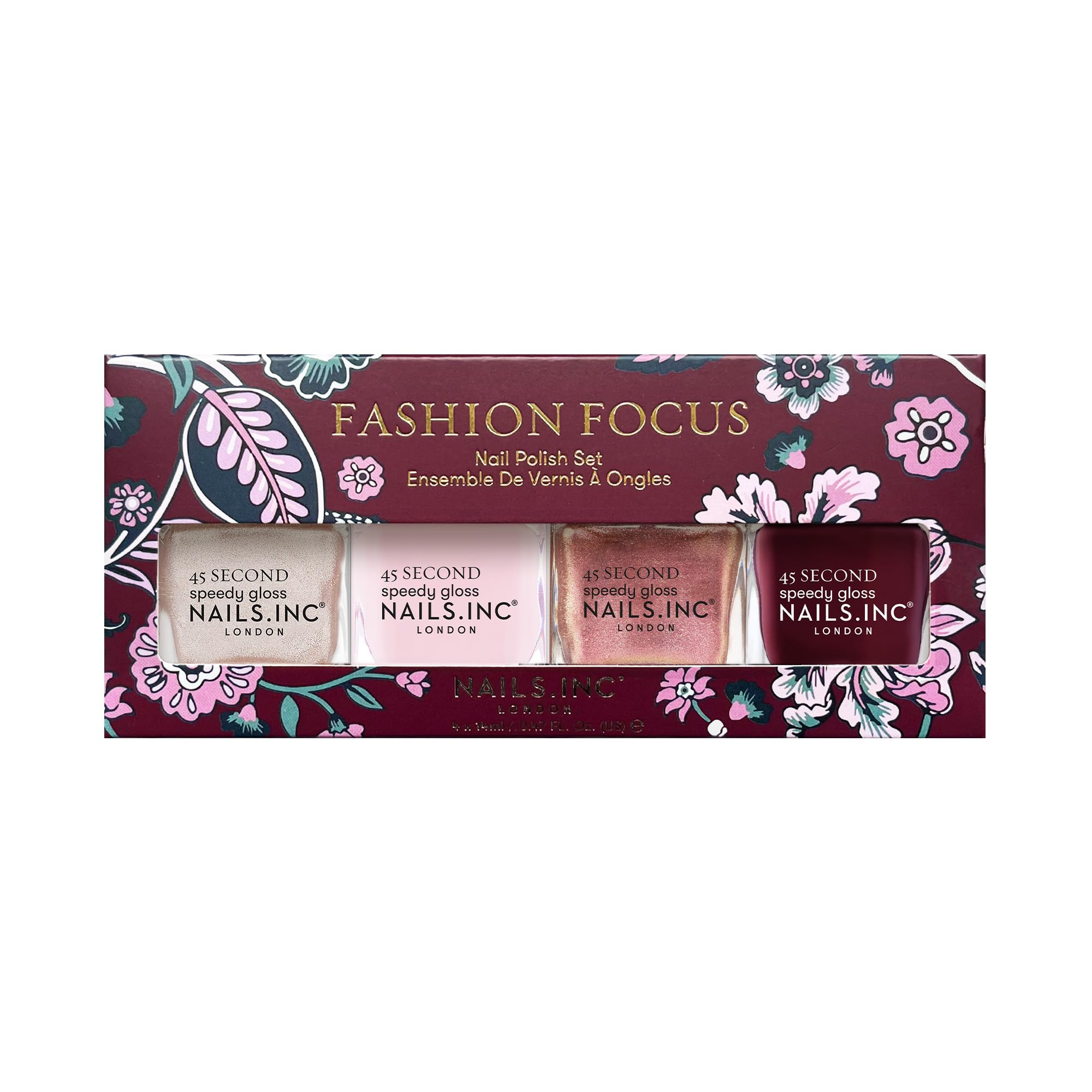 Nails.INC Fashion Focus Nail Polish 4-Piece Set, Trend Inspired Nail Shades, Swatched from the Catwalk, Longwear Rapid Dry Formulation, Cruelty Free, Vegan, 21 Free