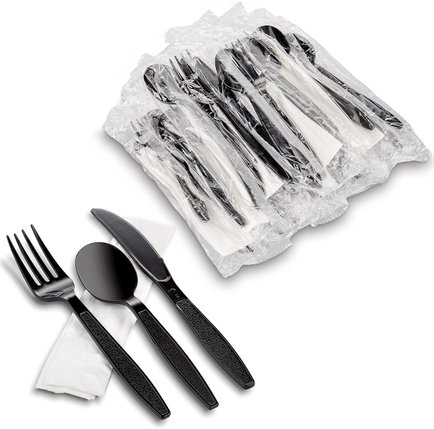 AL FAKHAMA 50 Pack Heavy Weight Black Plastic Cutlery Set with Napkin Individually Wrapped - (50 Pieces) Disposable Utensils - Plasticware Forks, Spoons, Knives - Great for Parties or Picnic. 50 Pack