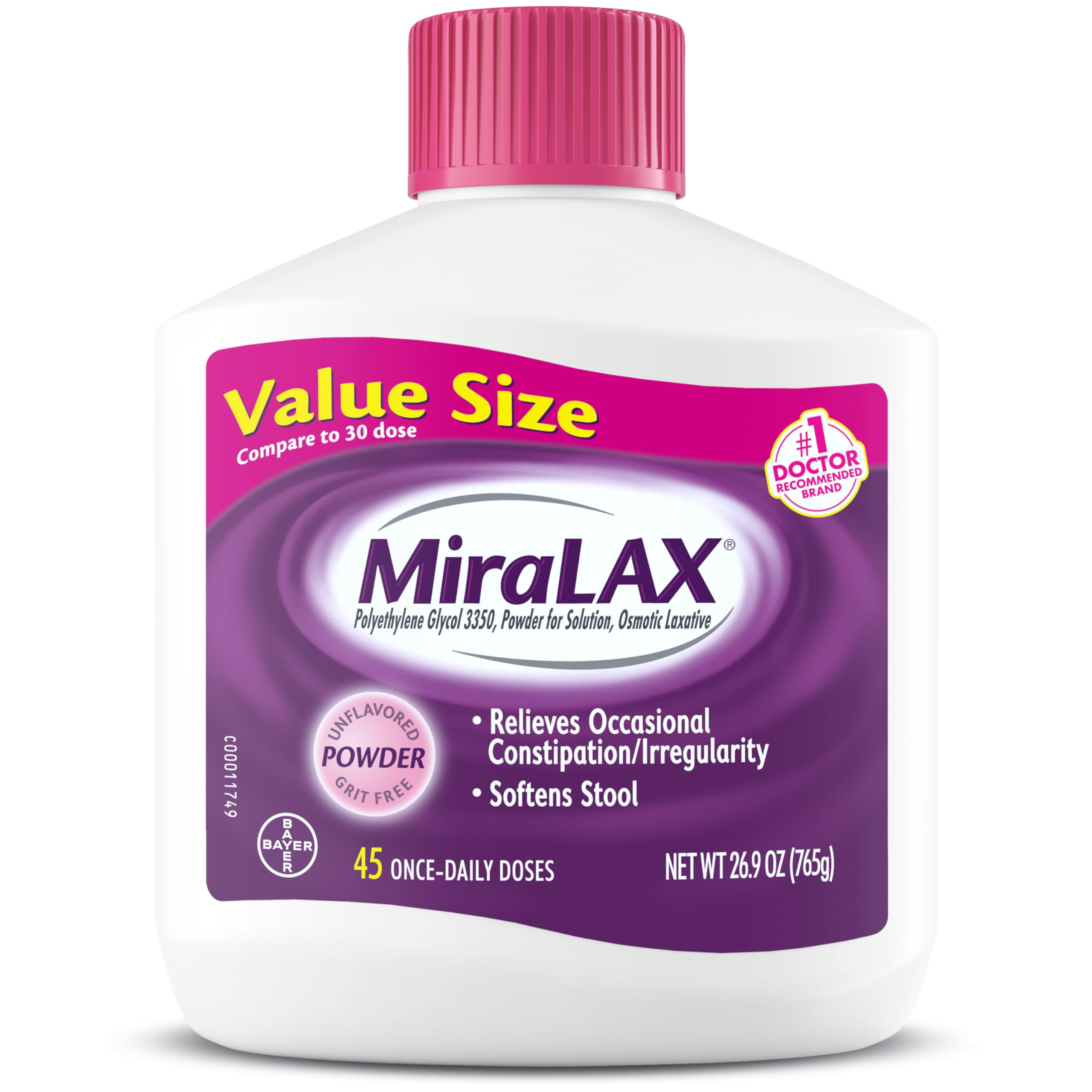 MiraLAXGentle Constipation Relief Laxative Powder, Stool Softener with PEG 3350, Works Naturally with Water in Your Body, No Harsh Side Effects, Osmotic Laxative, 45 Dose