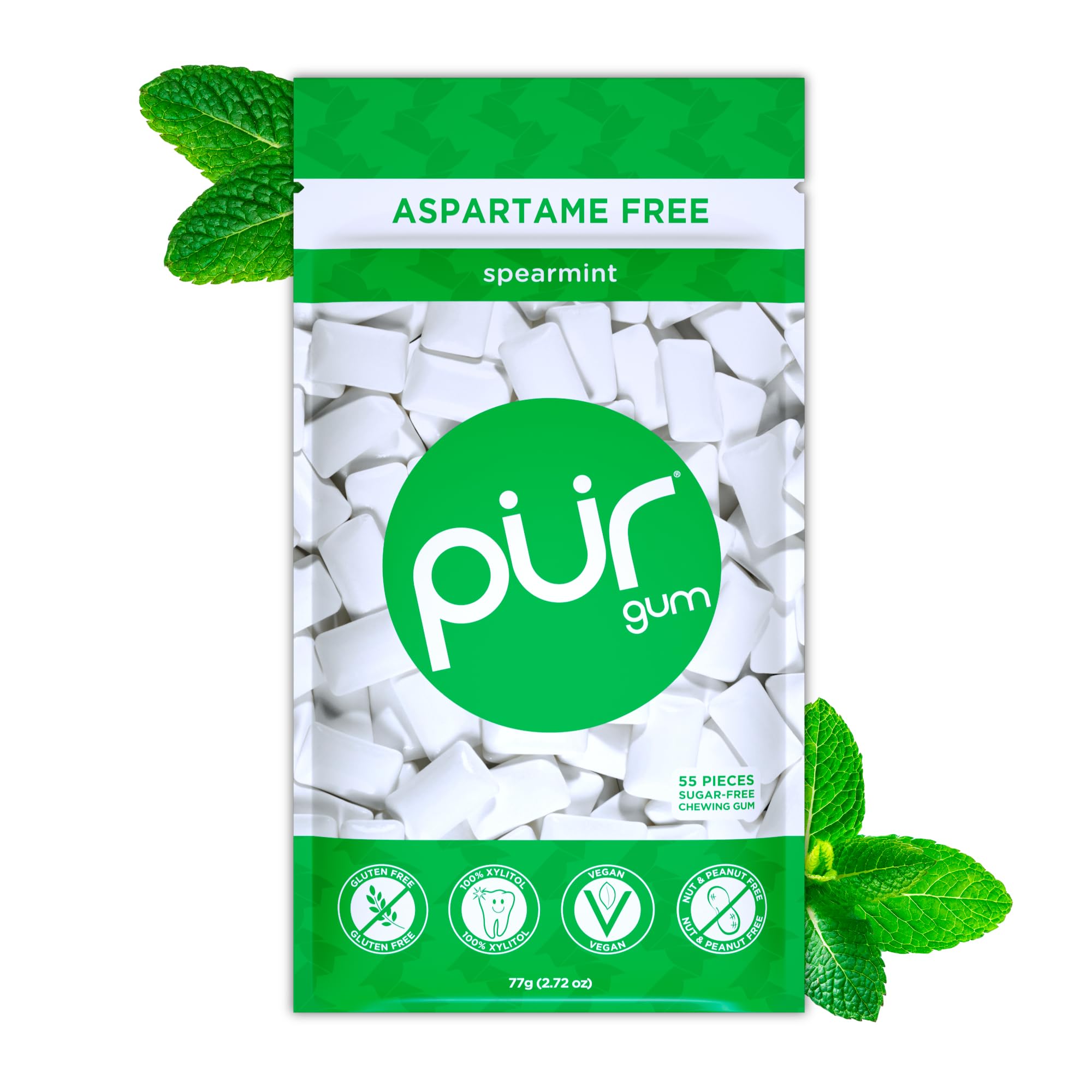 PURGum | Aspartame Free Chewing Gum | 100% Xylitol | Natural Spearmint Flavored Gum, 55 Pieces (Pack of 1)