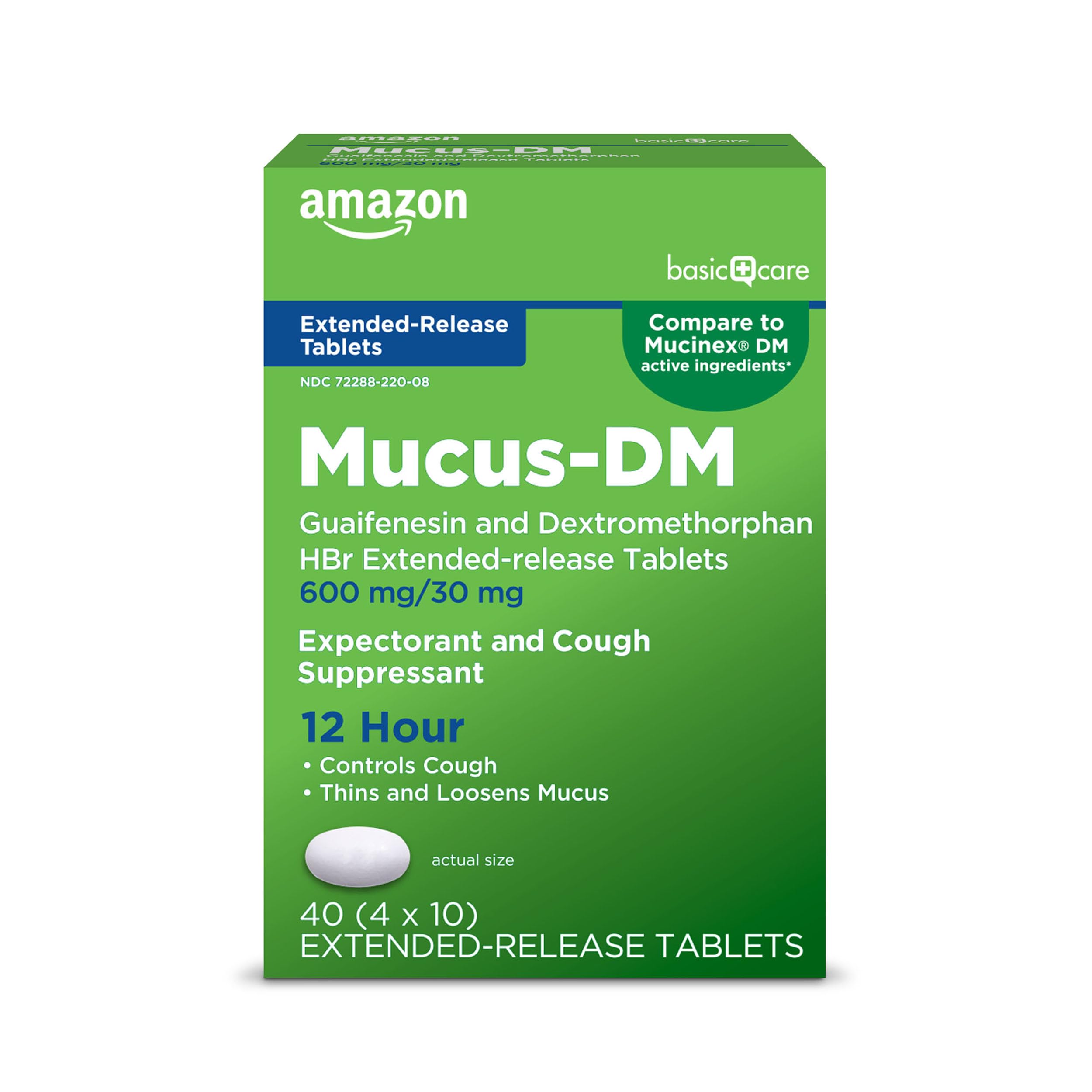 Amazon Basic Care Mucus Relief DM,12 Hour Guaifenesin & Dextromethorphan Hydrobromide Extended-Release Tablets, 600 mg/30 mg, 40 Count (Pack of 1) (Packaging may vary)