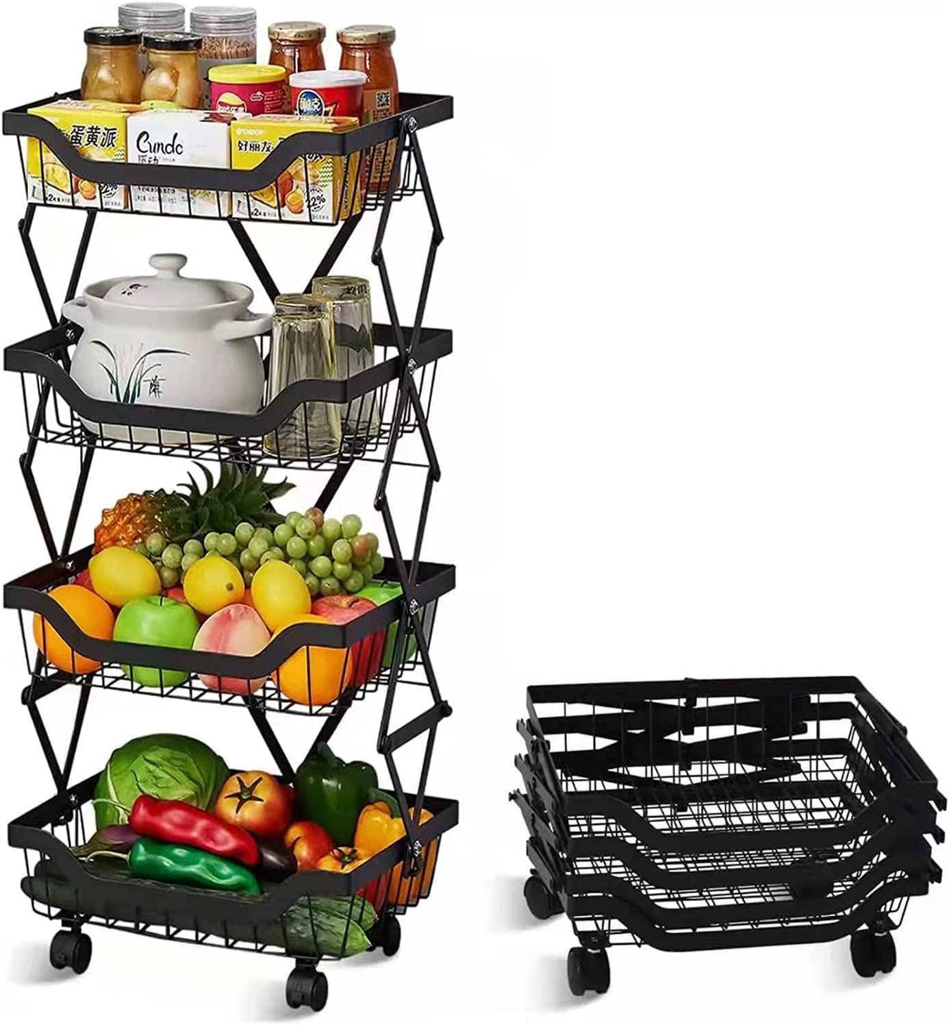 ONLINE DUKAN Vegetable Rack with 4 Movable Wheels, Black