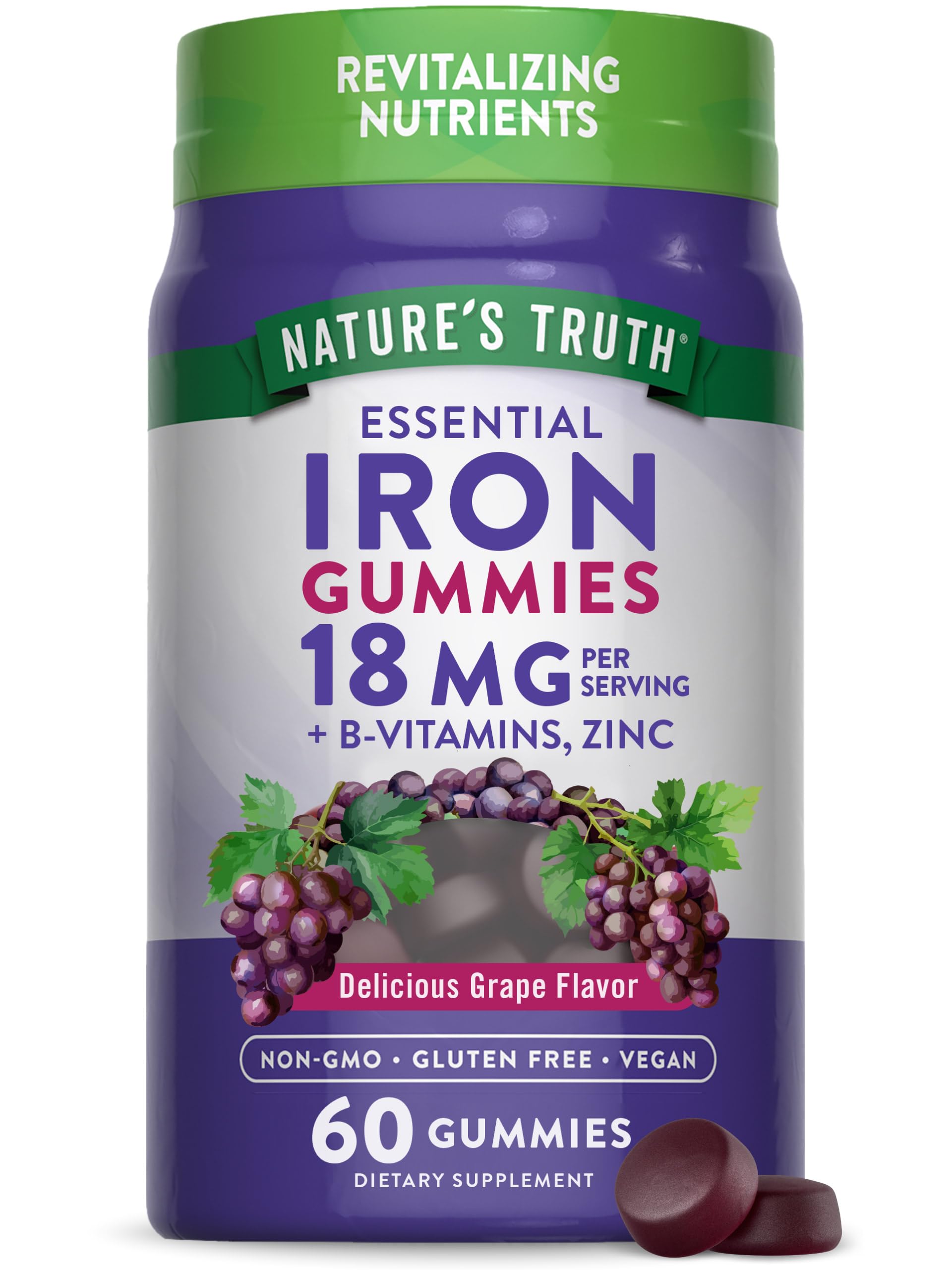 Nature's Truth Iron Gummies | 60 Count | Vegan, Non-GMO & Gluten Free Supplement | with Zinc & B Vitamins | Grape Flavor | by