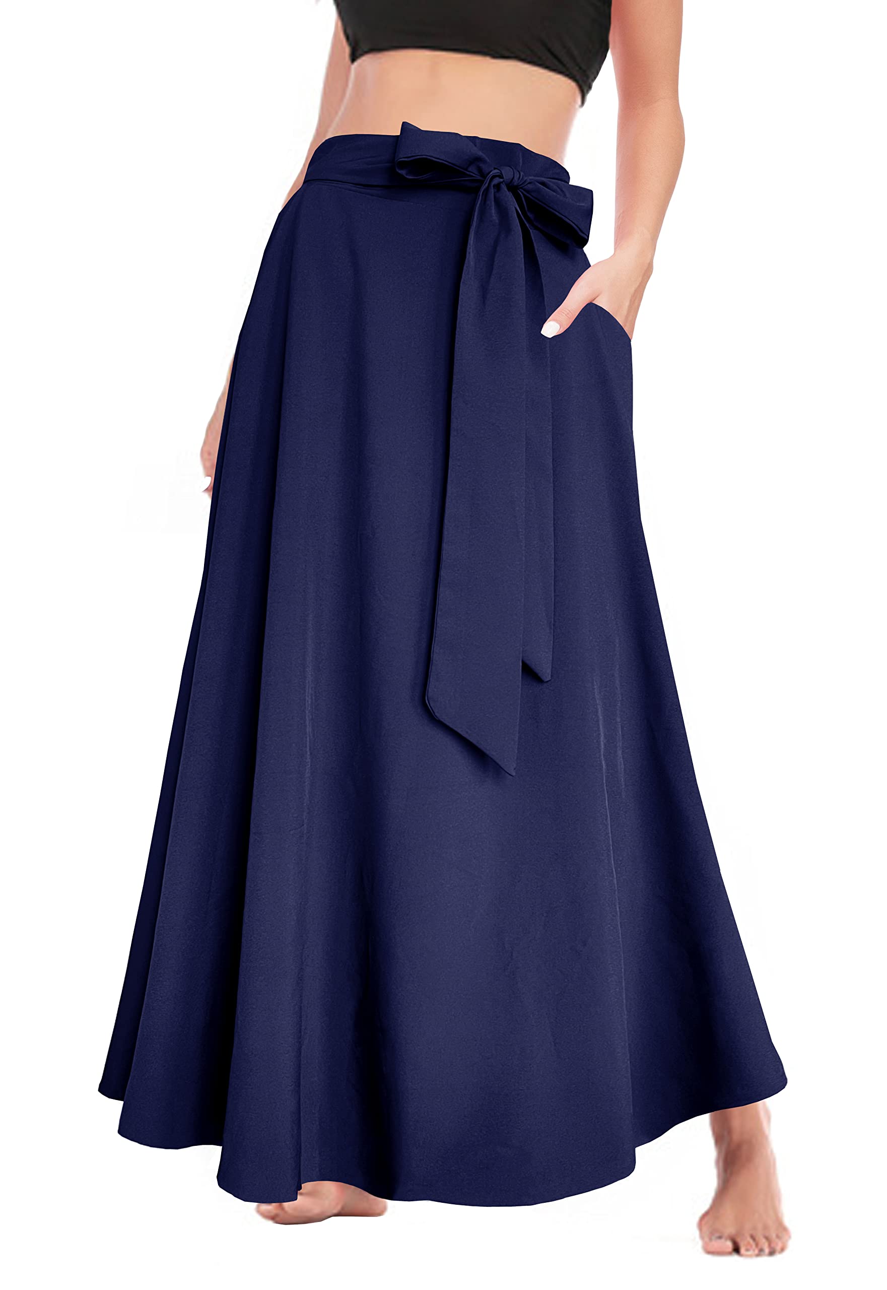 Women’s High Waist Skirt Tie Front Pleated A-line Flowy Long Maxi Skirt with Pockets