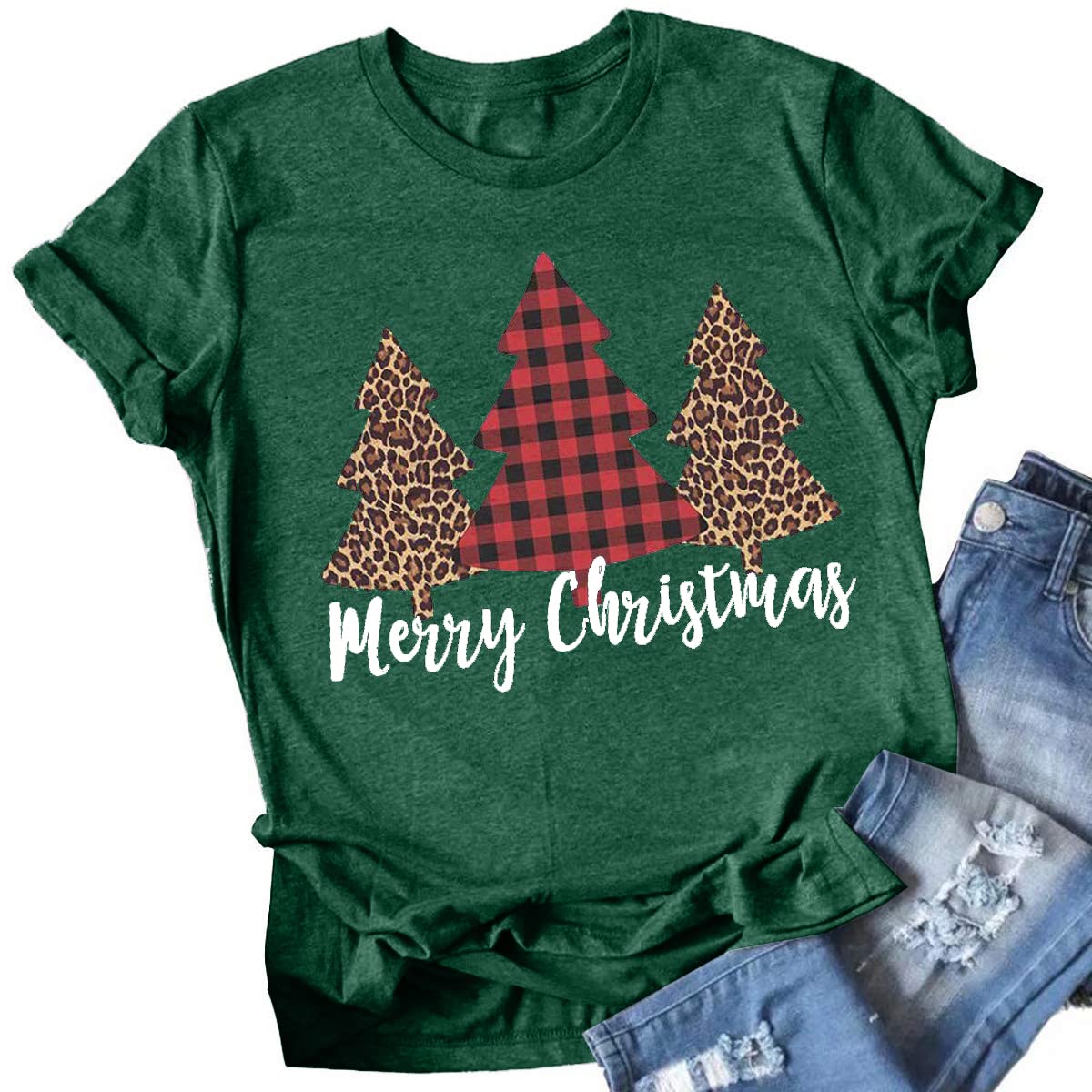 Christmas Trees Sweatshirt Women Plaid Leopard Graphic Long Sleeve Pulllover Tops