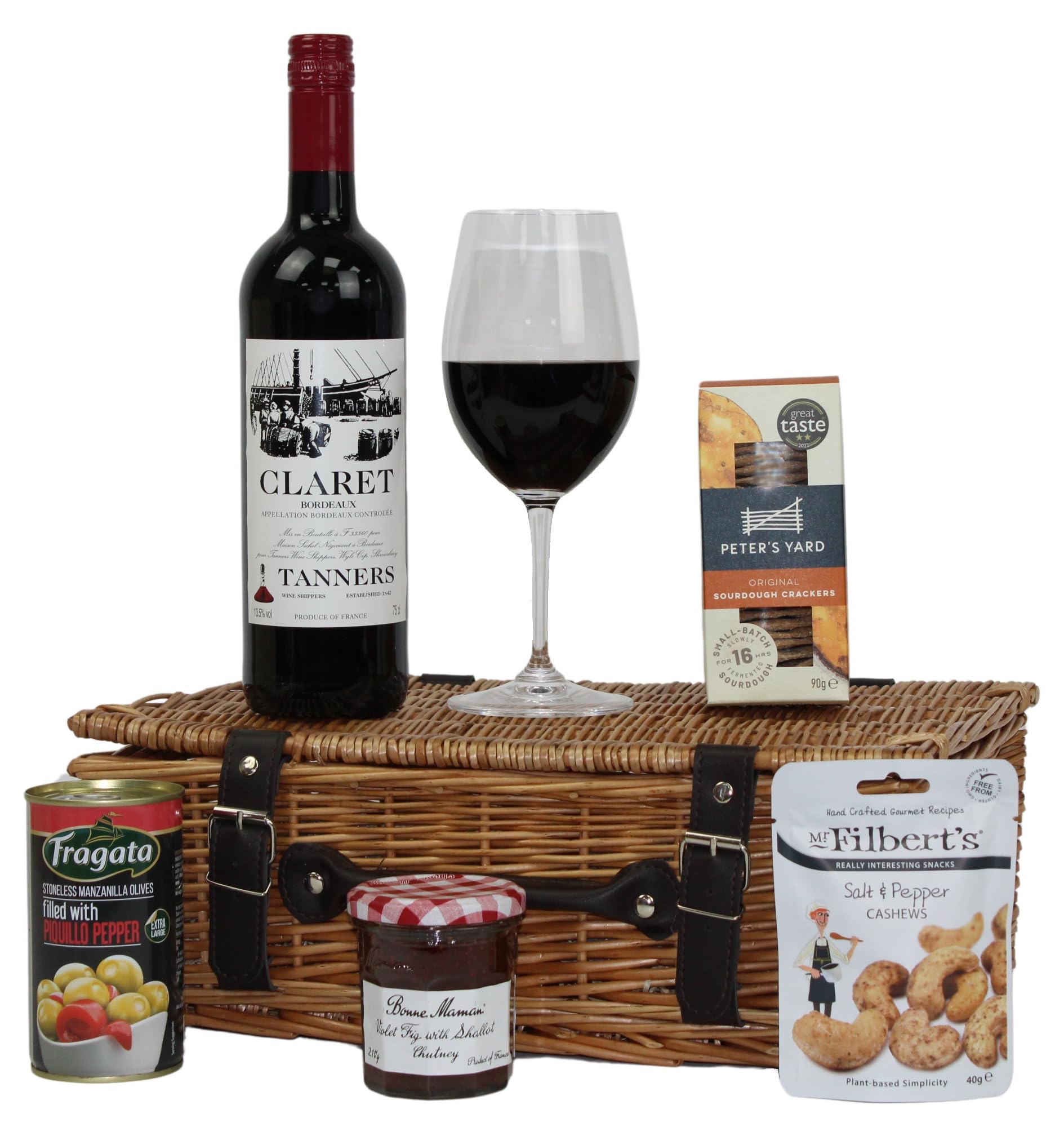 The Red Wine Christmas Hamper - 1 x Tanners Claret Bordeaux Red Wine, Salt & Pepper Cashews, Chutney, Crackers & Manzanilla Olives - Gift Set for Women, Men, Christmas, Corporate Gift, Birthday Gift