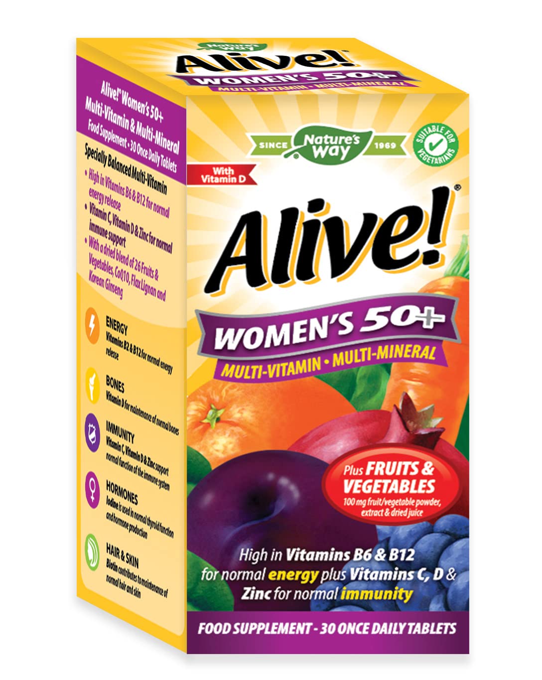 Alive! Women's 50+ Multi-Vitamin and Minerals, Specially Formulated for Women Over 50, with a Dried Blend of 26 Fruits and Vegetables, Suitable for Vegetarians - 30 Tablets