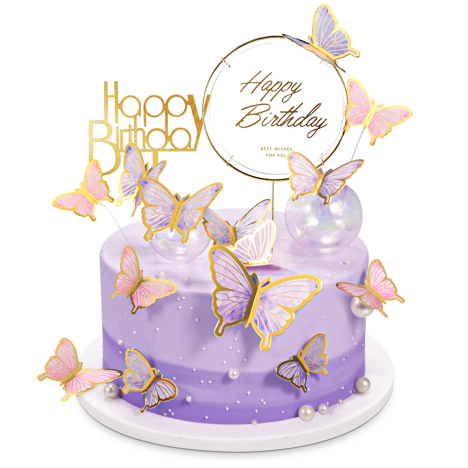 22-Pieces Butterfly Cake Decorations With Happy Birthday Acrylic Cake Toppers for Baby Shower Wedding Birthday Party Decor (Purple & Pink)