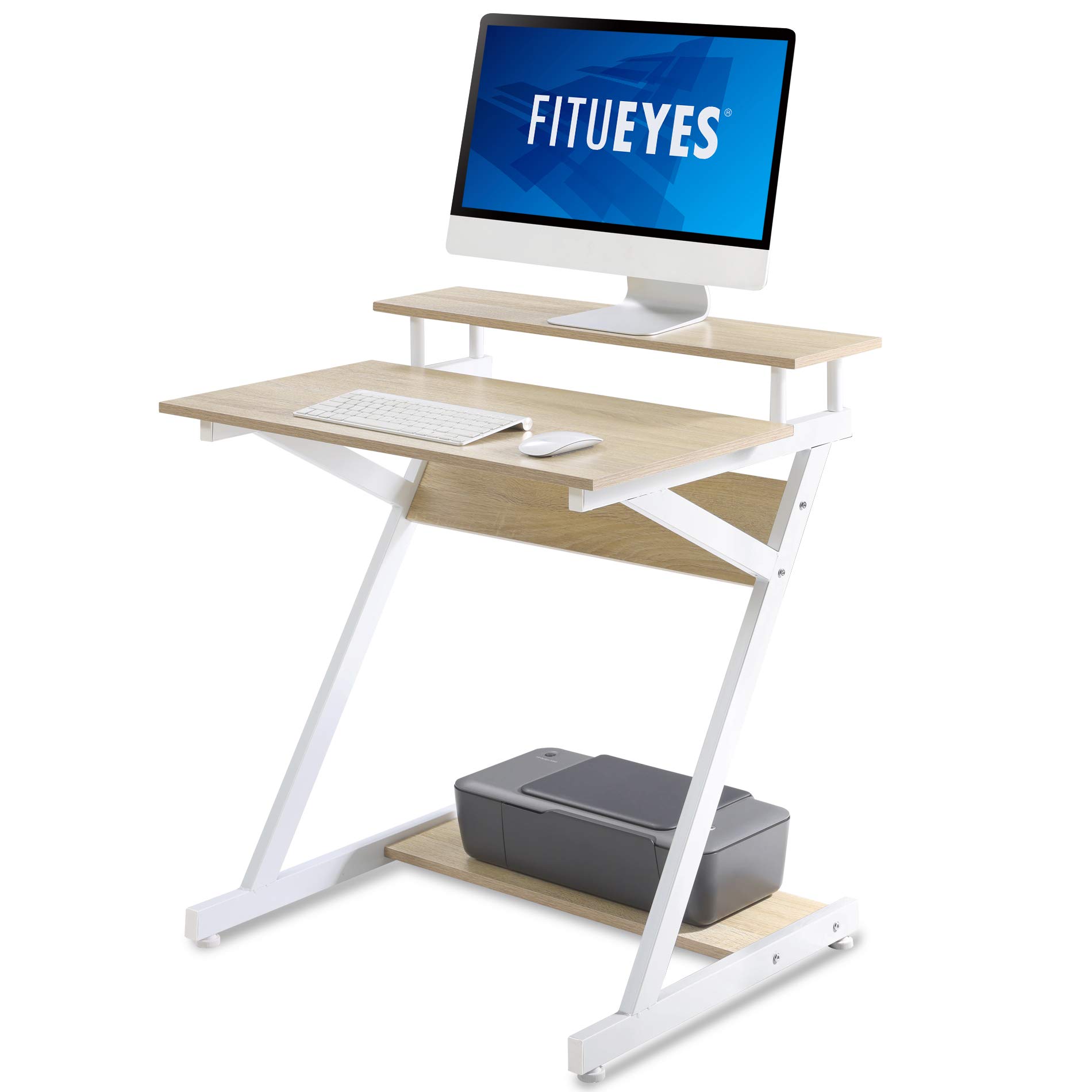 FITUEYES Computer Office Desk with Storage Shelf Modern Z-Shaped Working Table fit Study/Eating/Gaming for Small Spaces (Oak)