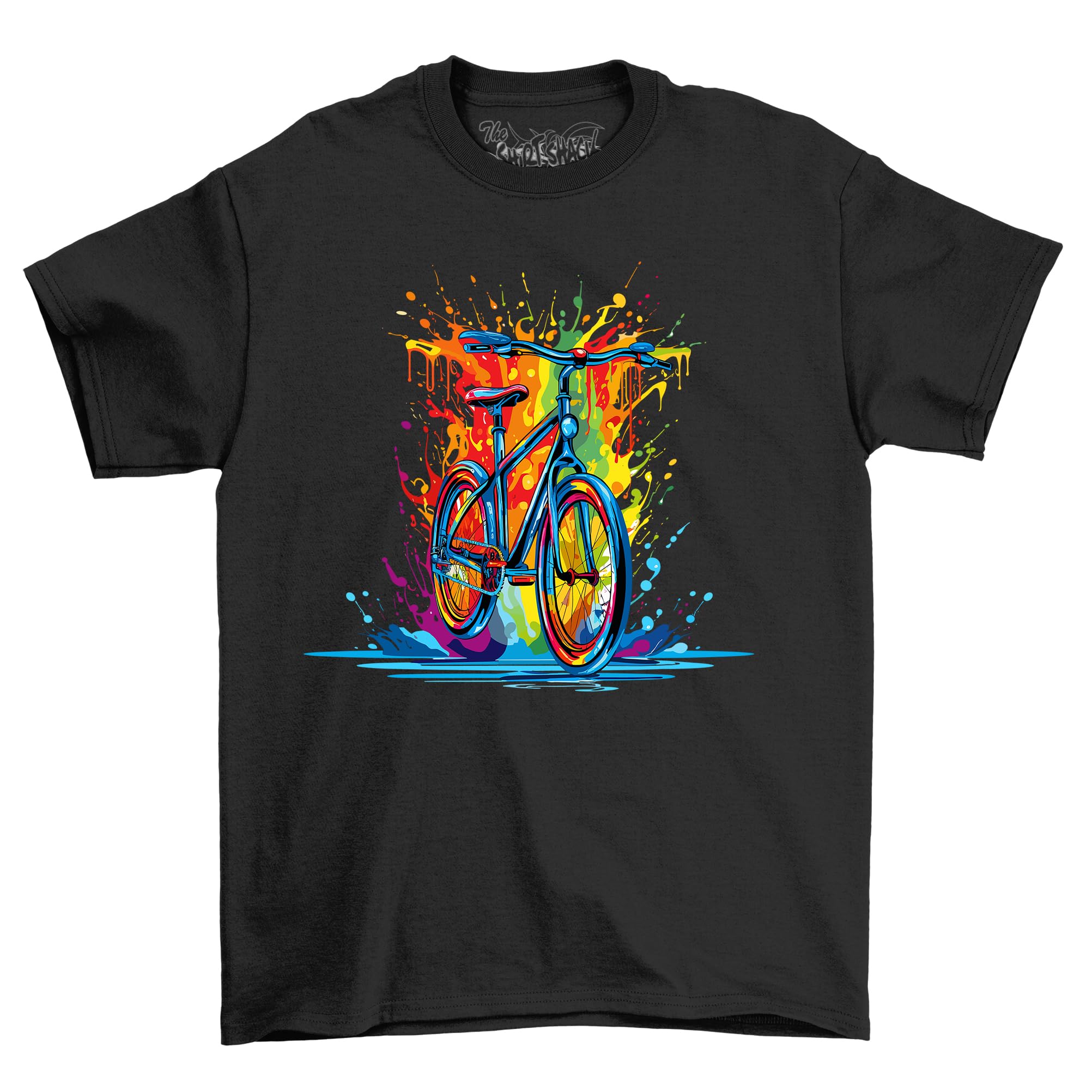 The Shirt ShackColorful Bicycle Dripping Paint Effect T-Shirt - Funny and Stylish! Unisex Printed Design, Perfect for Cycling Enthusiasts. Pedal in Style and Leave a Trail of Color!