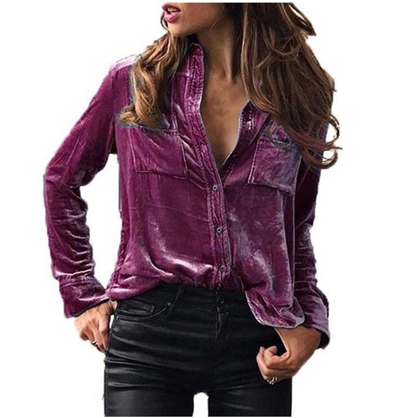 Women's Long Sleeve Velvet Shirt Lapel Button Up Tops Golden Velvet Polo Shirt Solid Gold Velour Blouse