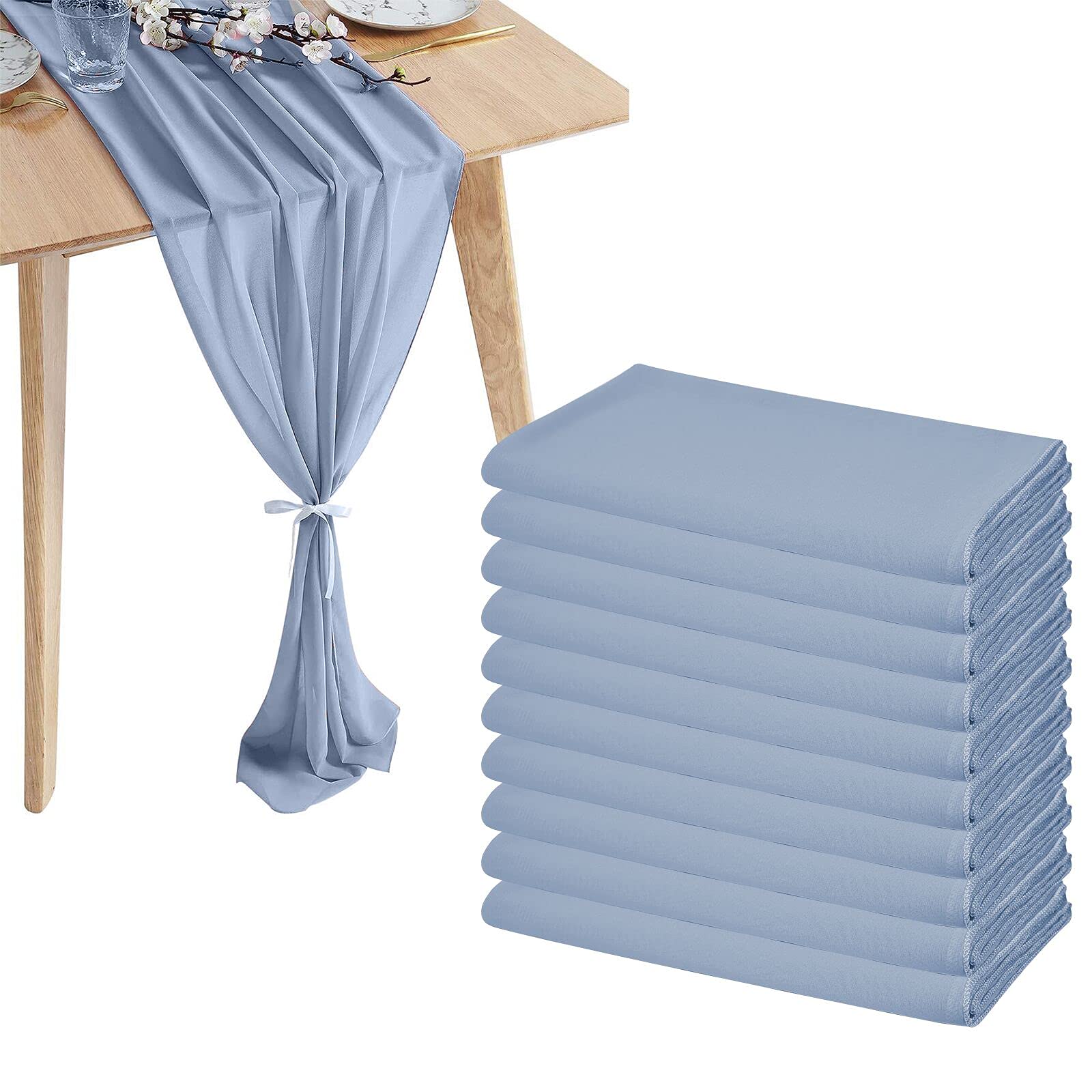 10 Pcs Chiffon Table Runner 10Ft - 28x120 Inches Dusty Blue Sheer Chiffon Table Runner Chiffon Romantic Wedding Runner Overlays for Wedding Decor Birthday Party Baby Bridal Shower Table Decoration