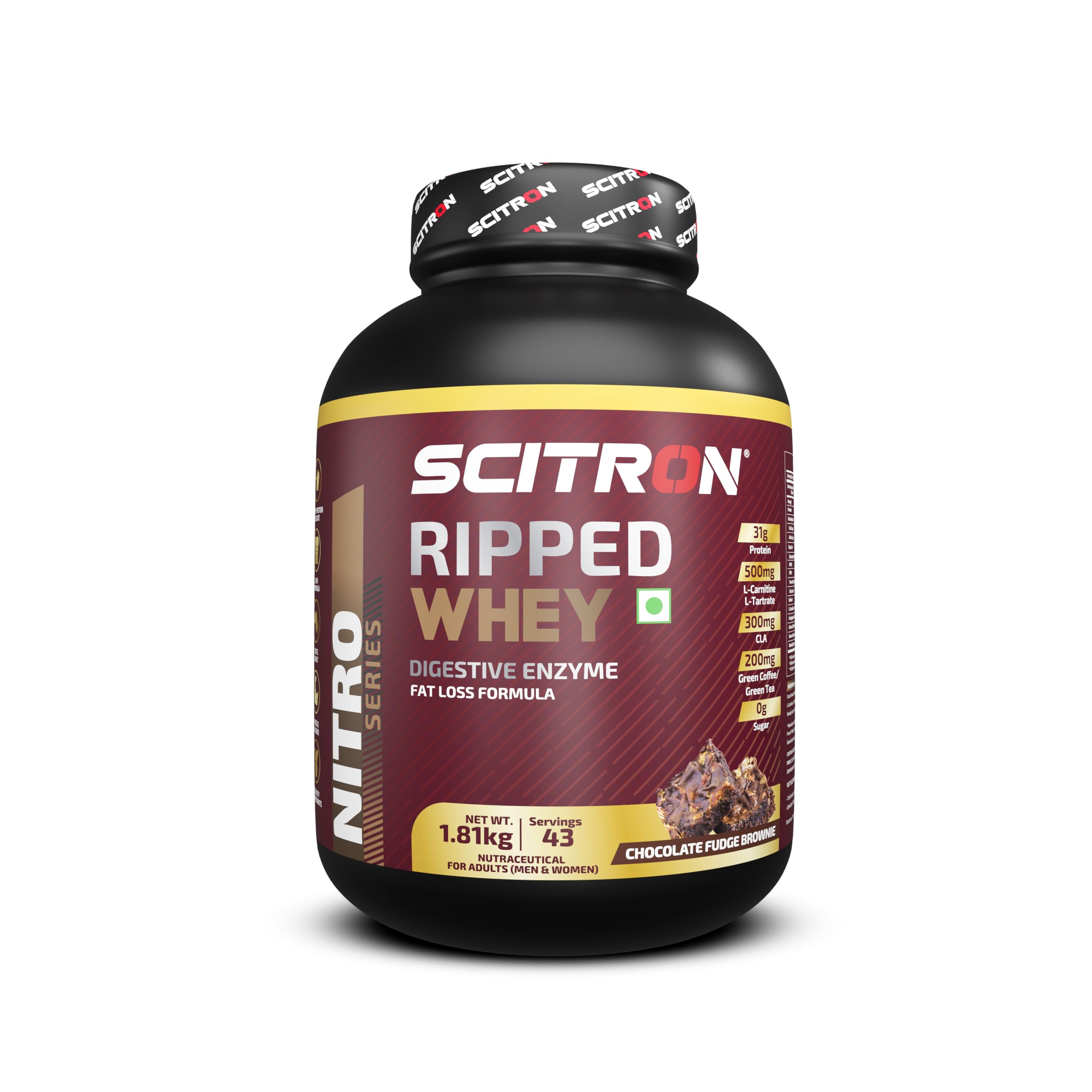 Scitron Ripped Whey Protein Powder 1.81 Kg- Chocolate Fudge Brownie| (30g Protein, 500mg L-Carnitine, 300mg CLA) | For Weight Loss & Post Workout Recovery