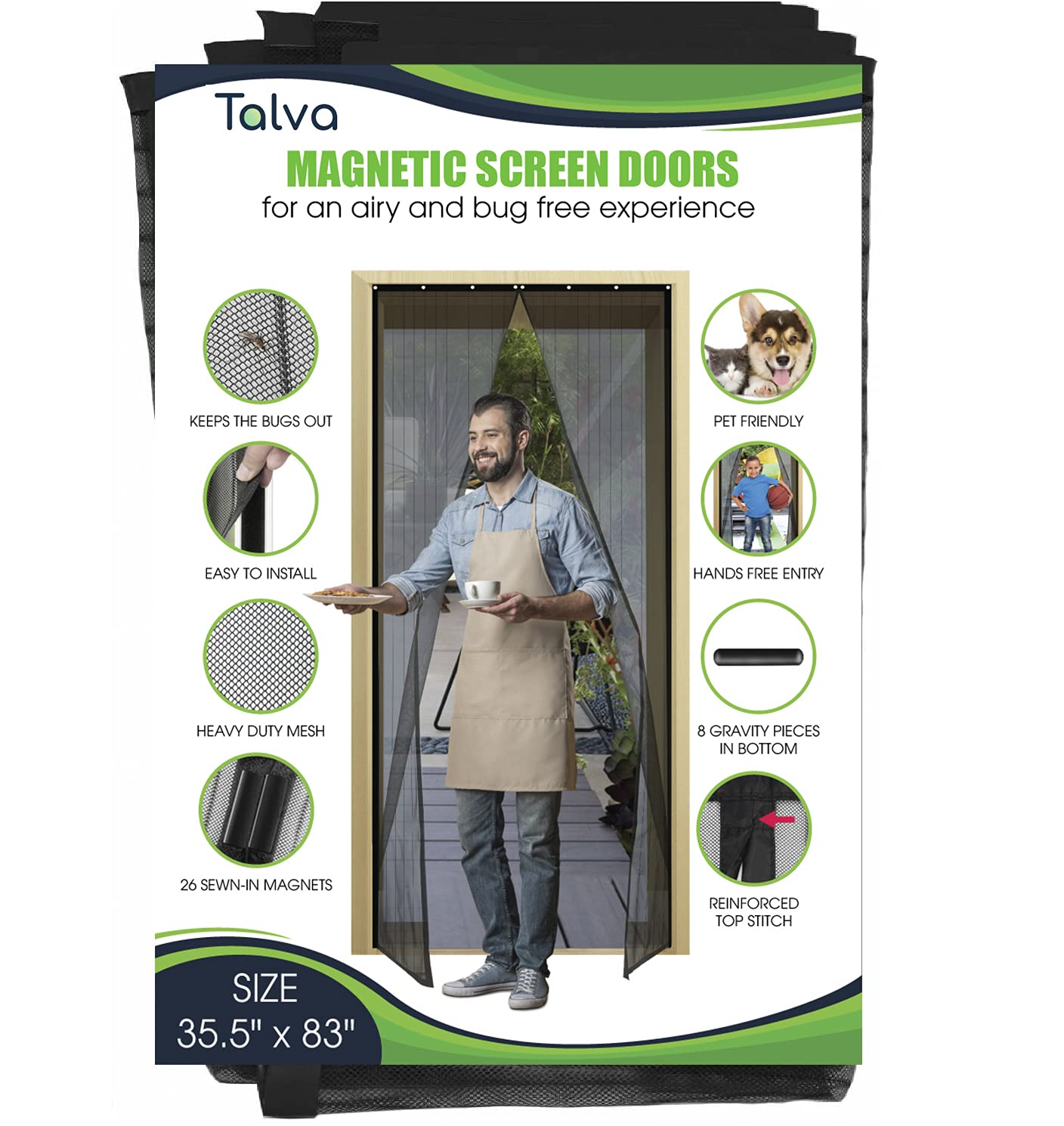 Magnetic Screen Door by Talva - Mesh Heavy Duty - Fits Doors up to 38" x 82" - Hands Free, Kid Friendly - Screen Door with Magnets, Self Sealing Net, Hook & Loop (Screen Size: 39.5" X 83")