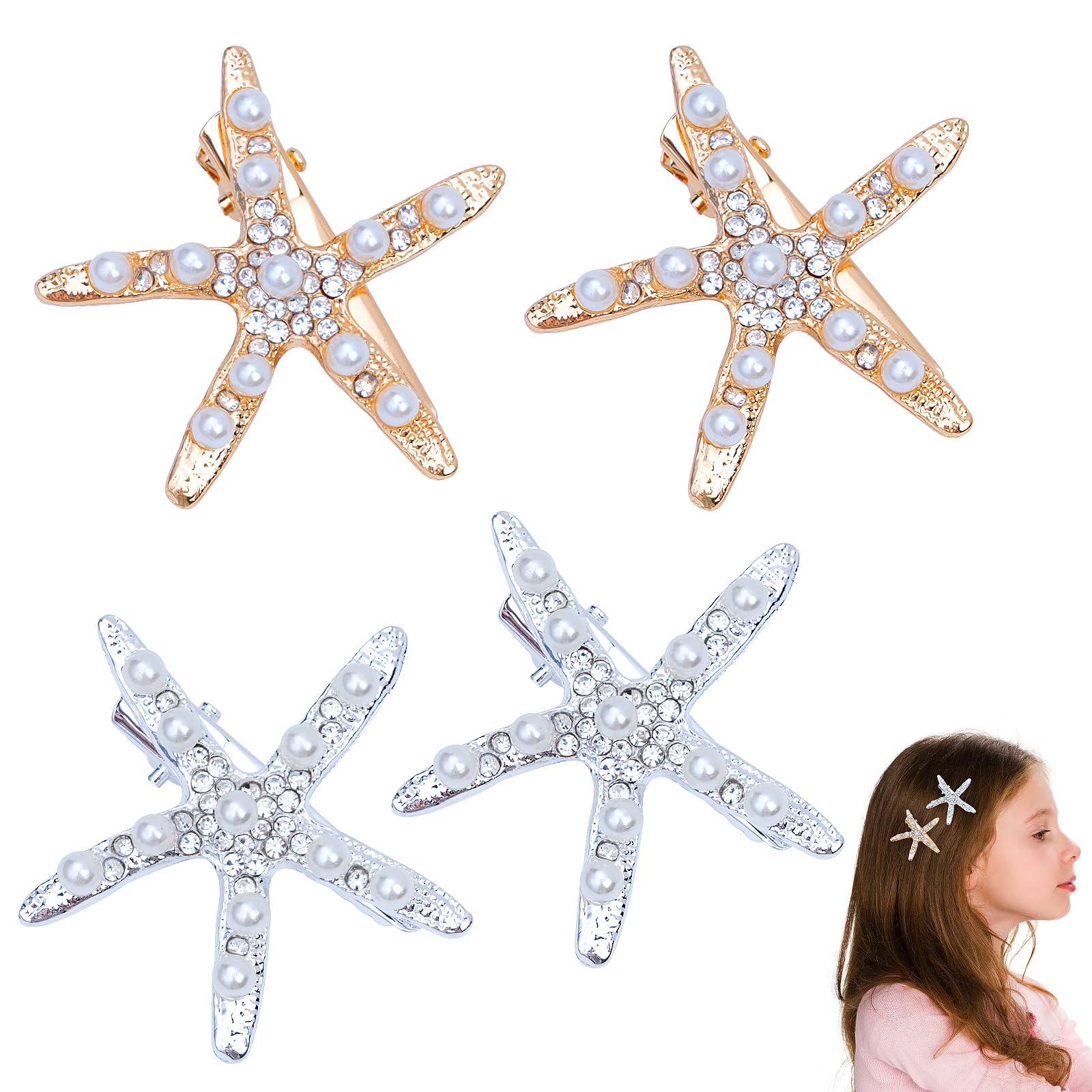 Leikedun4Pcs Mermaid Hair Accessories, Pearl Starfish Rhinestones Hair Clips, Mermaid Accessories for Woman Girl Bridal Wedding