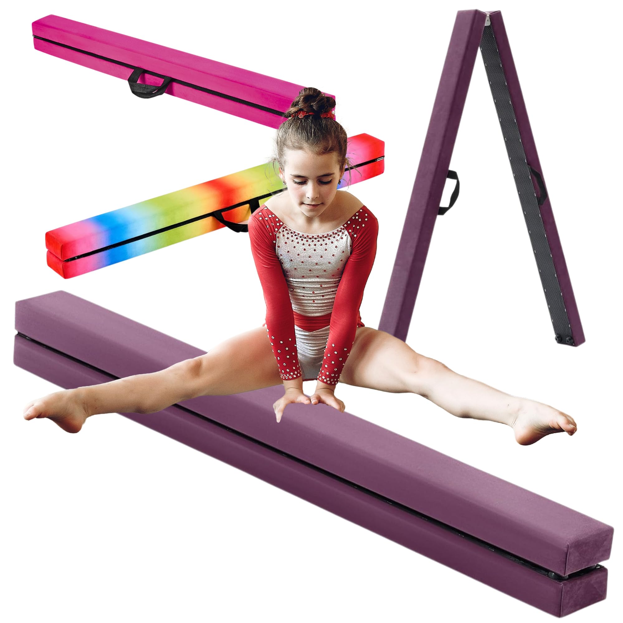 PANGU 8 Ft Folding Gymnastic Balance Beam, Floor Balance Beam with Carrying Handles - Ideal for Kids Training Home Gym Exercise Beginner to Pro, Non-Slip Surface