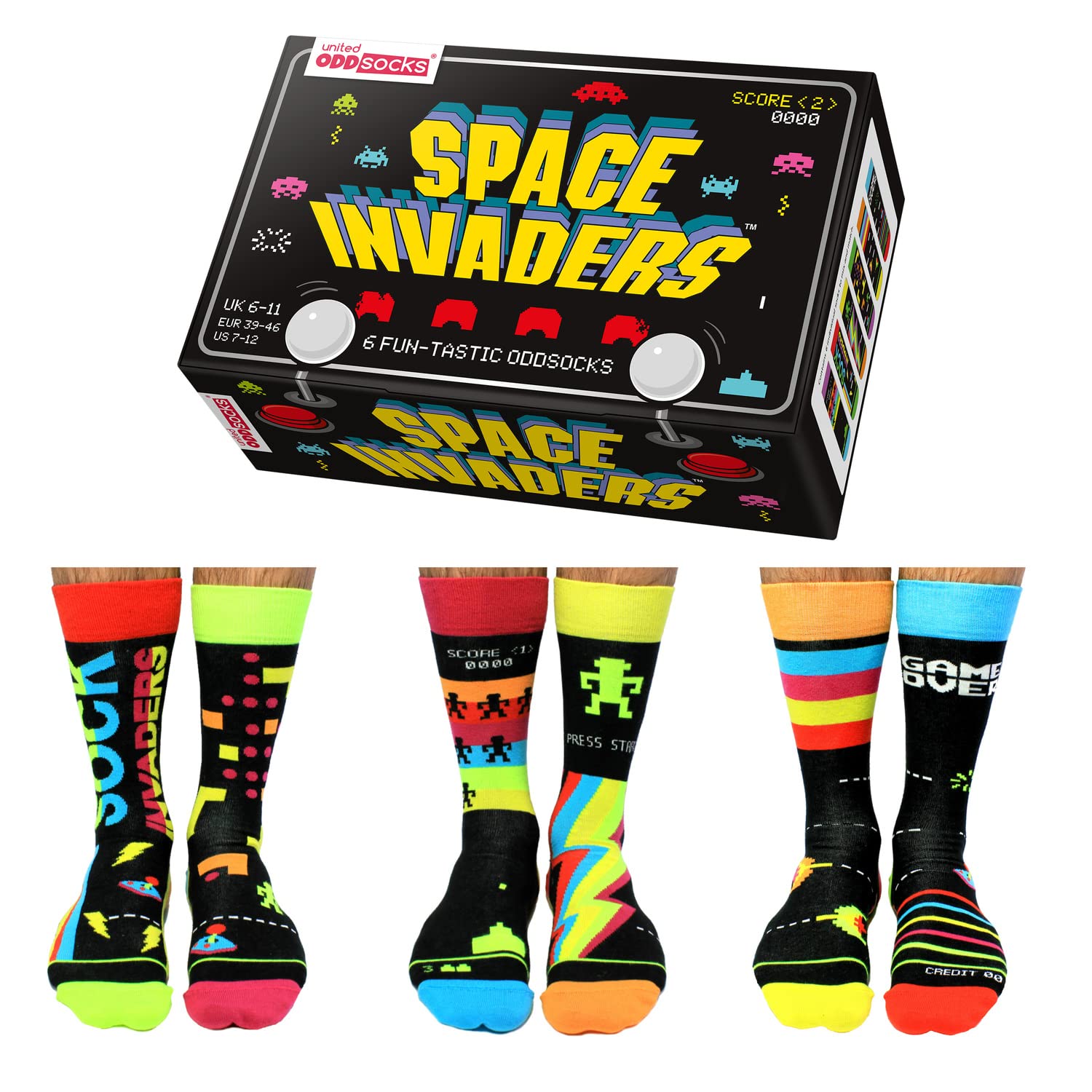 United OddsocksNovelty Space Invaders - Box of 6 Oddsocks for Men UK 6-11 | EUR 39-46 | US 7-12