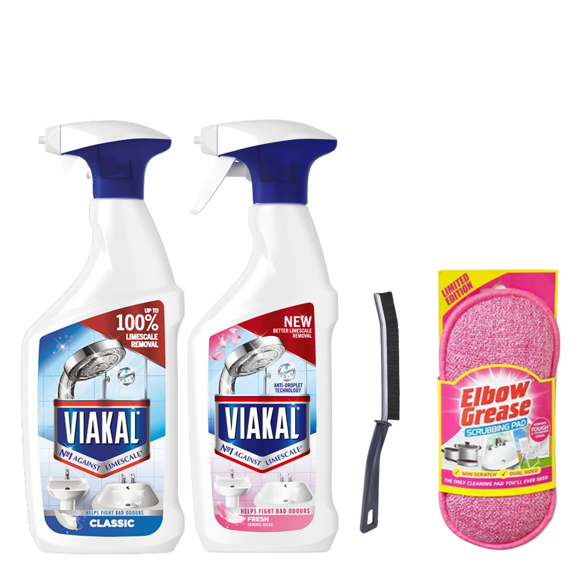 Ultimate Limescale Remover Bundle: 500ml Classic & 500ml Fresh Spring Rose Limescale Remover, Heavy Duty Bathroom Cleaner, Non-Scratch Scrubbing Pad & Crevice Brush - Ideal for Bathroom and Kitchen