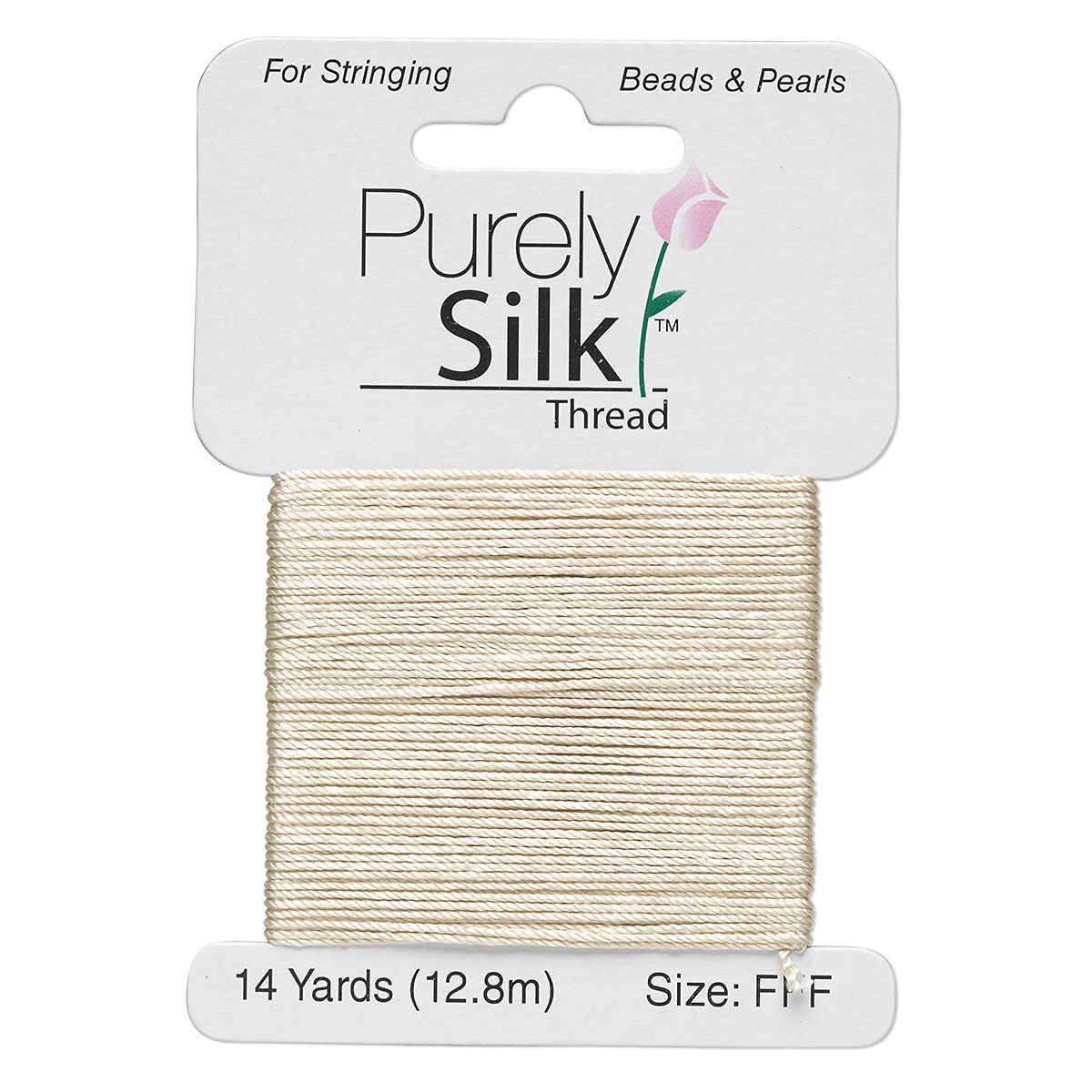 Purely Silk Simply Silk Beading Thread Cord Size FFF Ecru 0.016 Inch 0.42mm 14 Yards Card for Stringing Weaving Knotting Kumihimo