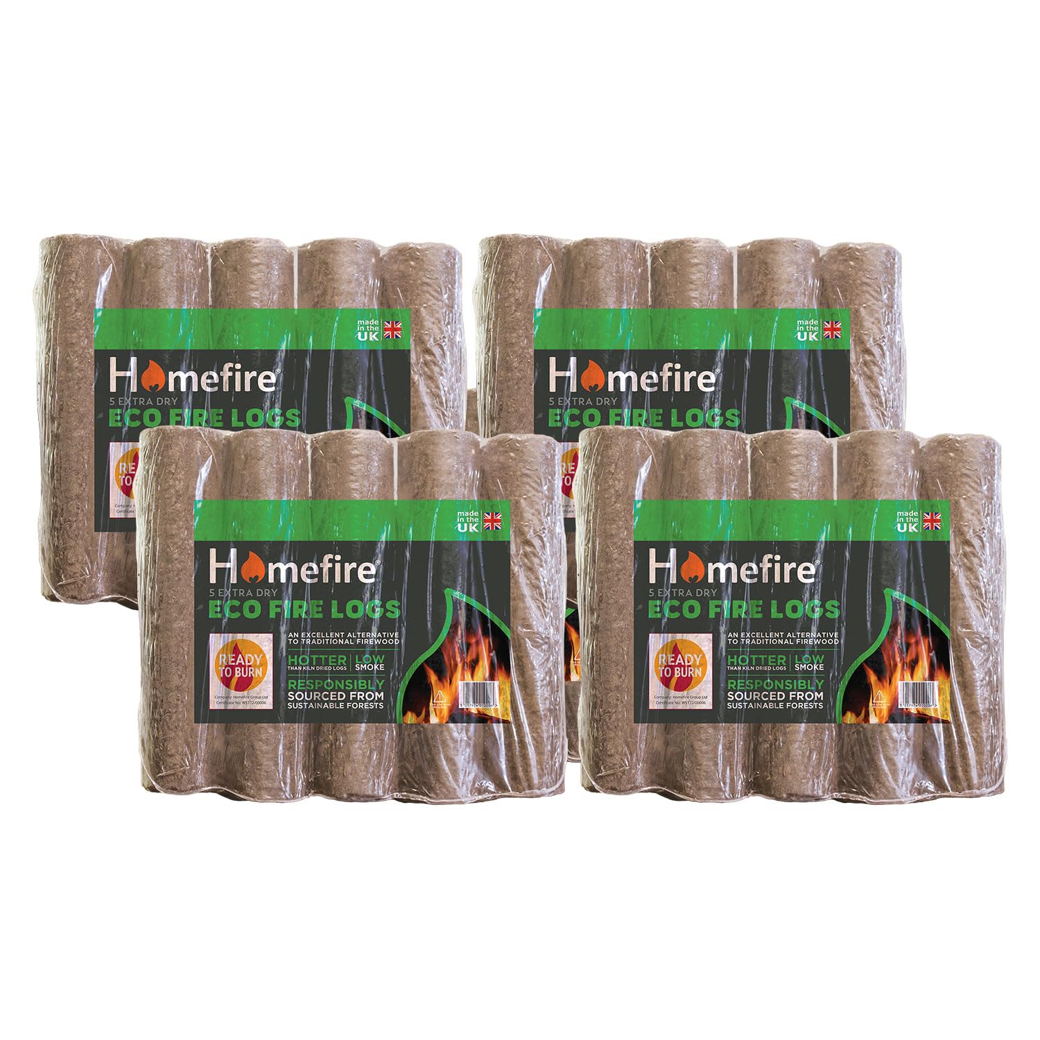 HomefireEco Firelogs for Wood Burners, Open Fires, Multi-fuel Stoves, 5 Logs (4 Packs)