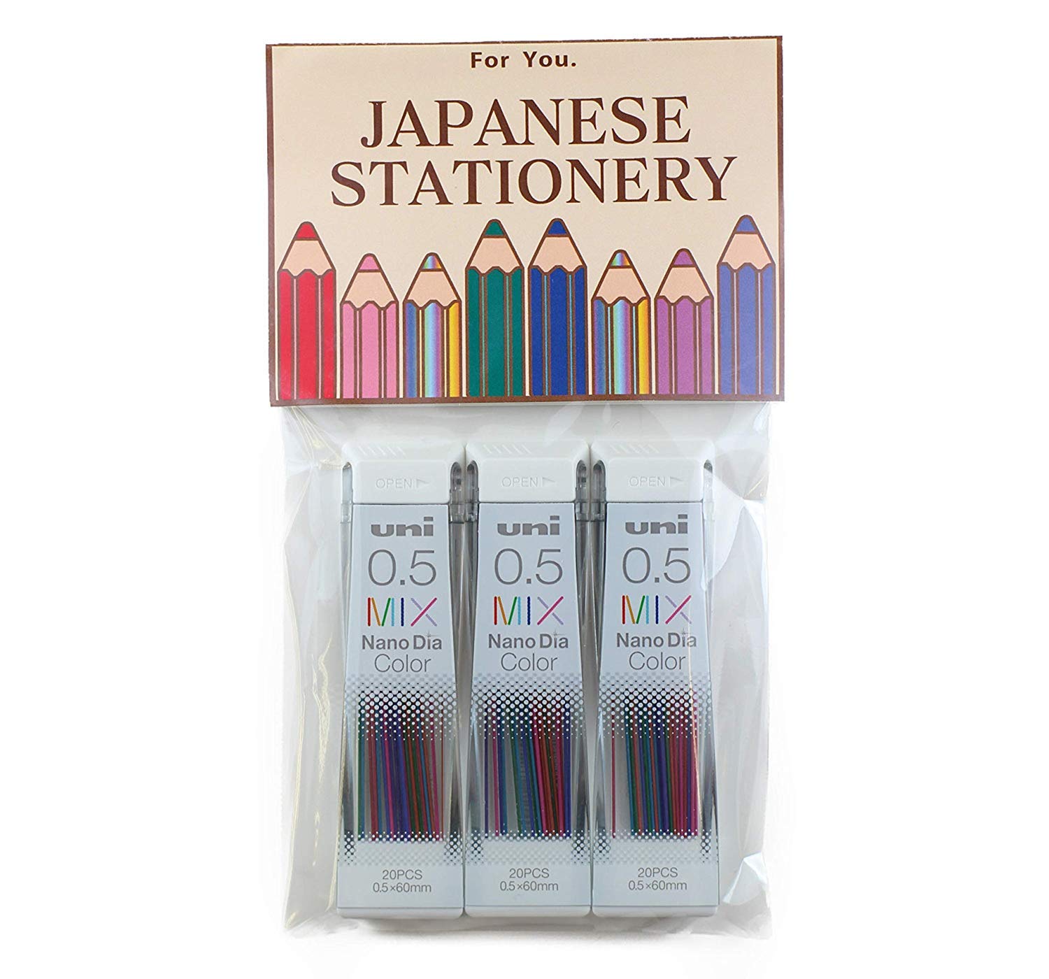 Nano Dia Uni Mechanical Pencil Lead 0.5Mm, Color Mix, 20 Leads X 3 Packs (Total 60 Leads) Japanese Stationery Original Package(05-202Ndc-Mixx3), Blue , Multi