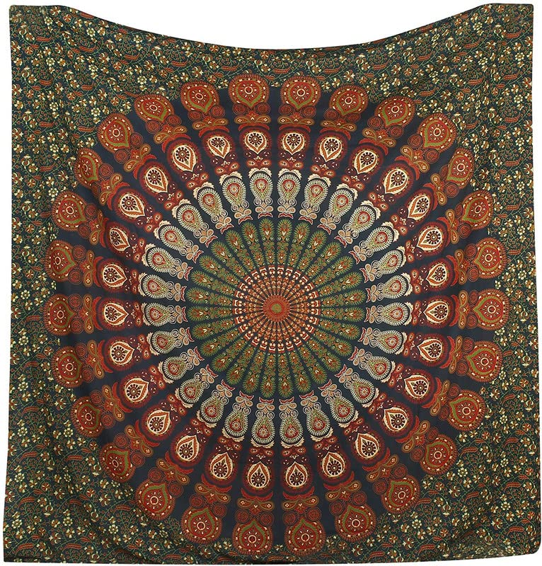 AHR-International Bohemian Mandala Tapestry Hippie Tapestries Psychedelic Peacock Boho Tapestry Wall Hanging for Bedroom (golden green&84x90 Inch)