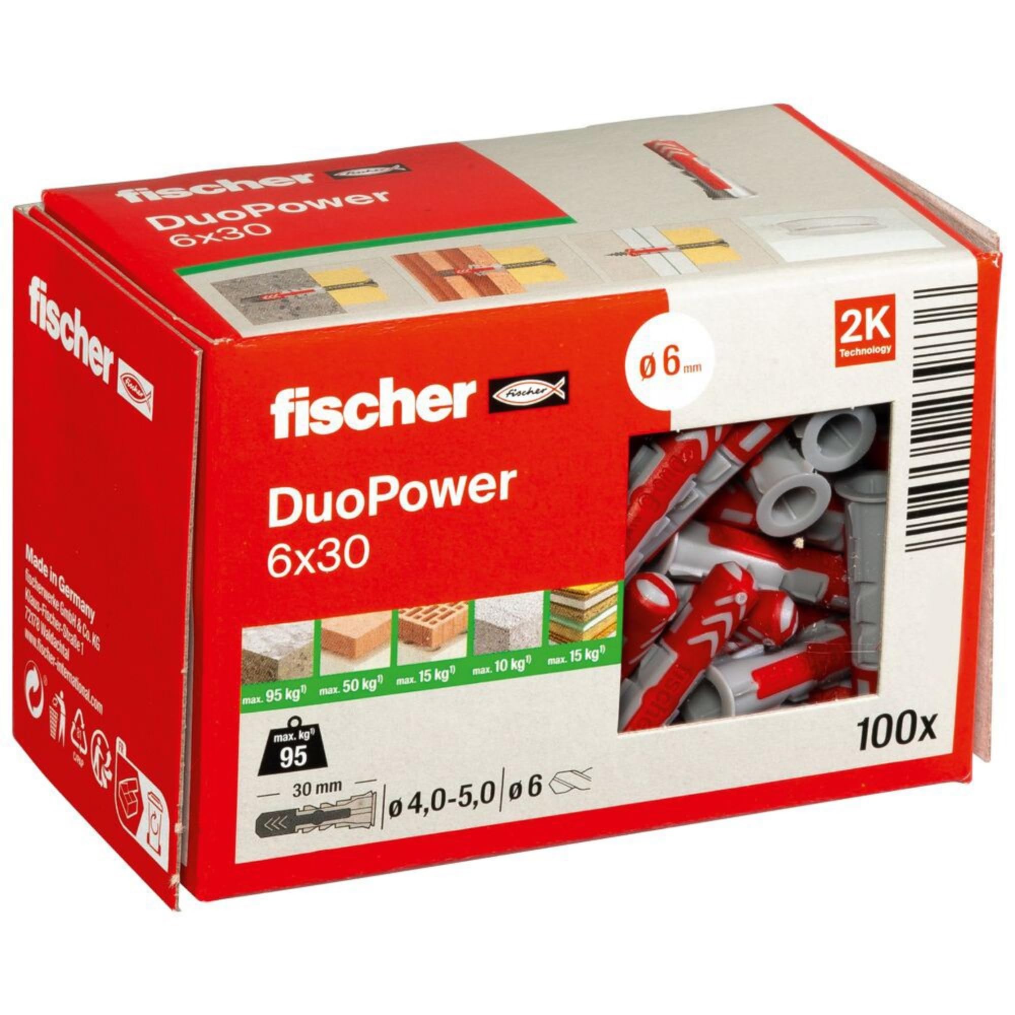 fischer 55006 DUOPOWER Wall Plug, Red/Grey, 6x30, Set of 100 Pieces