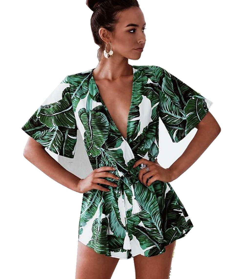 ASSKDAN Women's Fashion V Neck Leaves Print Short Sleeve Jumpsuit Rompers (Green, M)