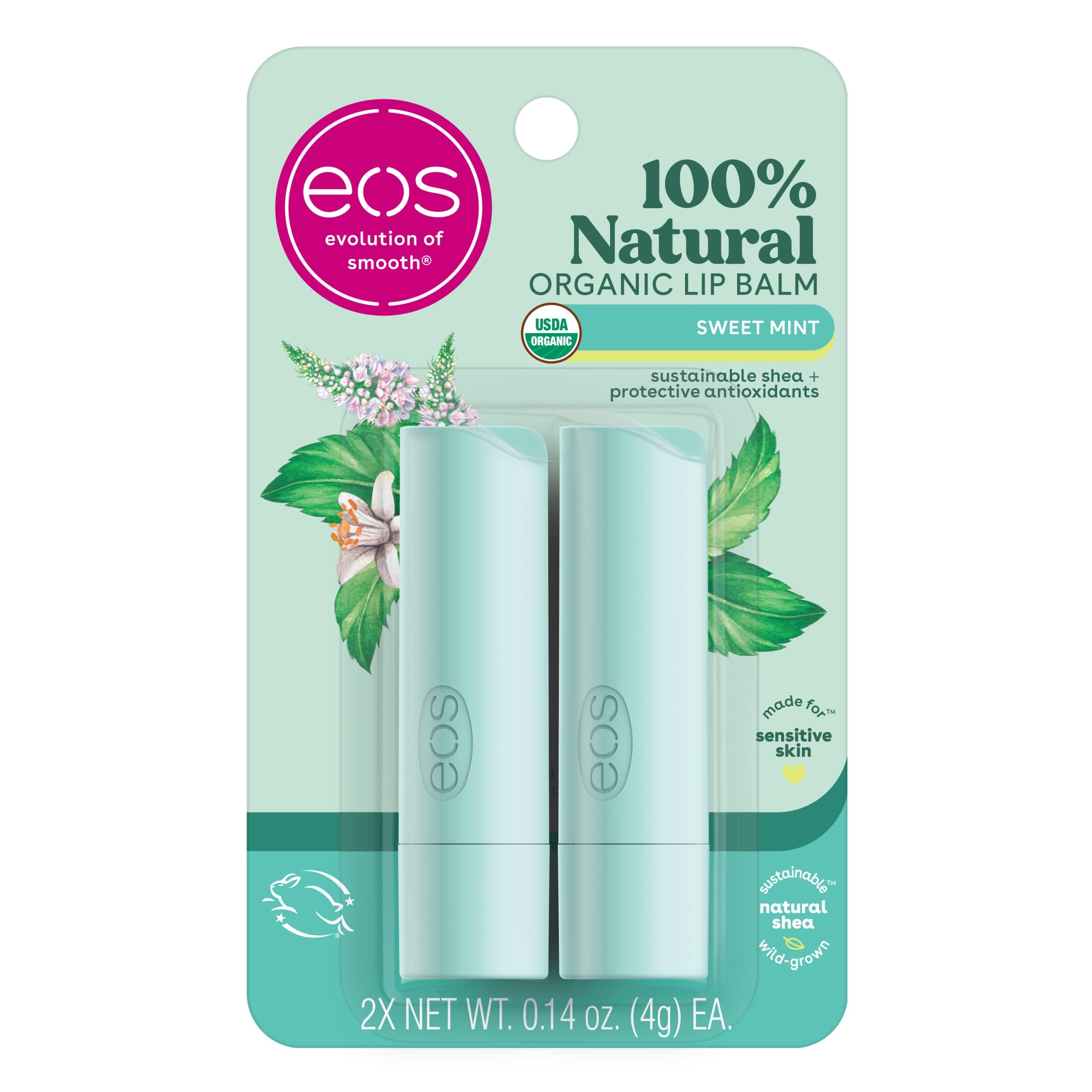 Eos100% Natural & Organic Lip Balm Sticks- Sweet Mint, All-Day Moisture, Dermatologist Recommended for Sensitive Skin, 0.14 oz, 2-Pack