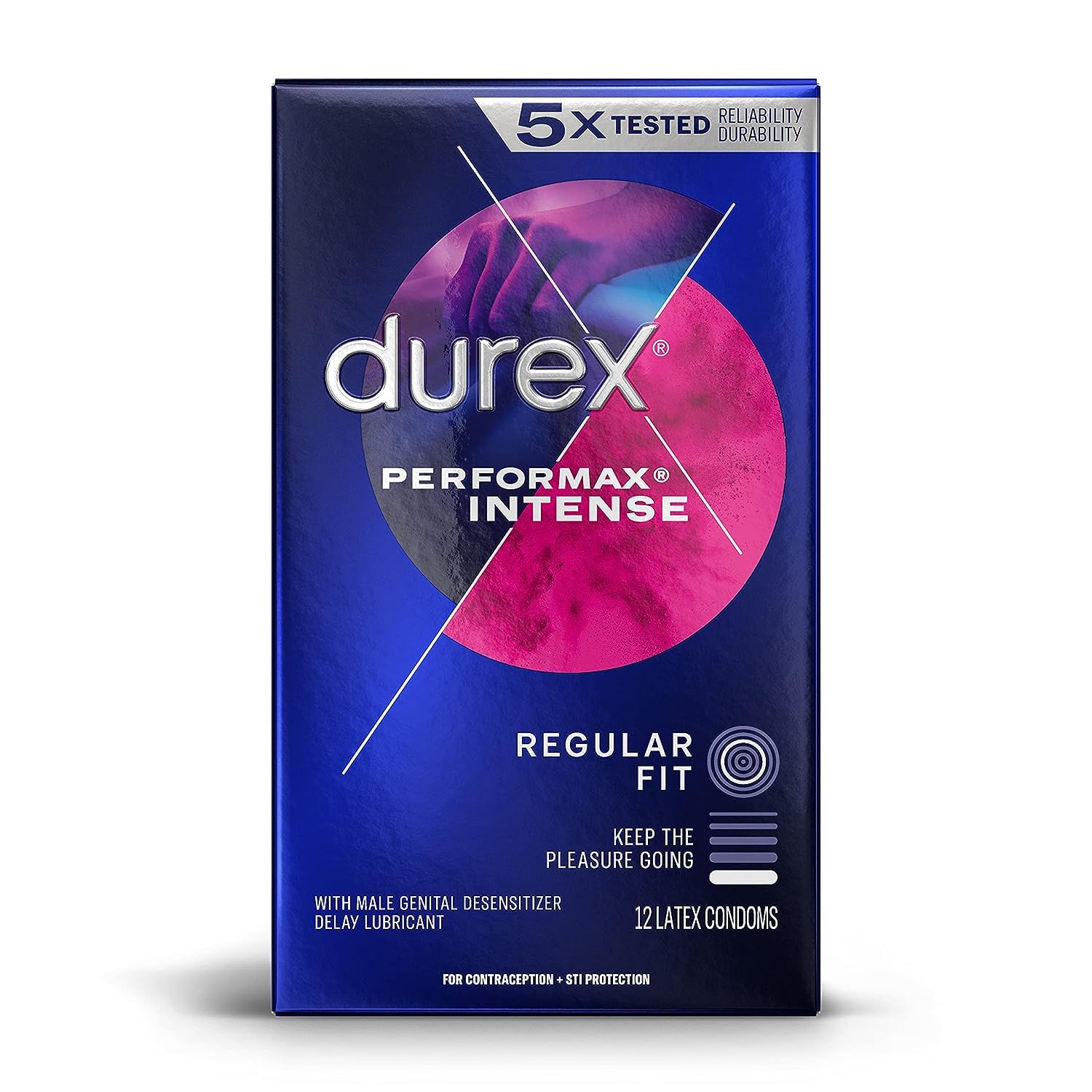 Durex Performax Intense Natural Rubber Latex Condoms, Regular Fit, 12 Count, Contains Desensitizing Lube for Men, (Packaging May Vary)