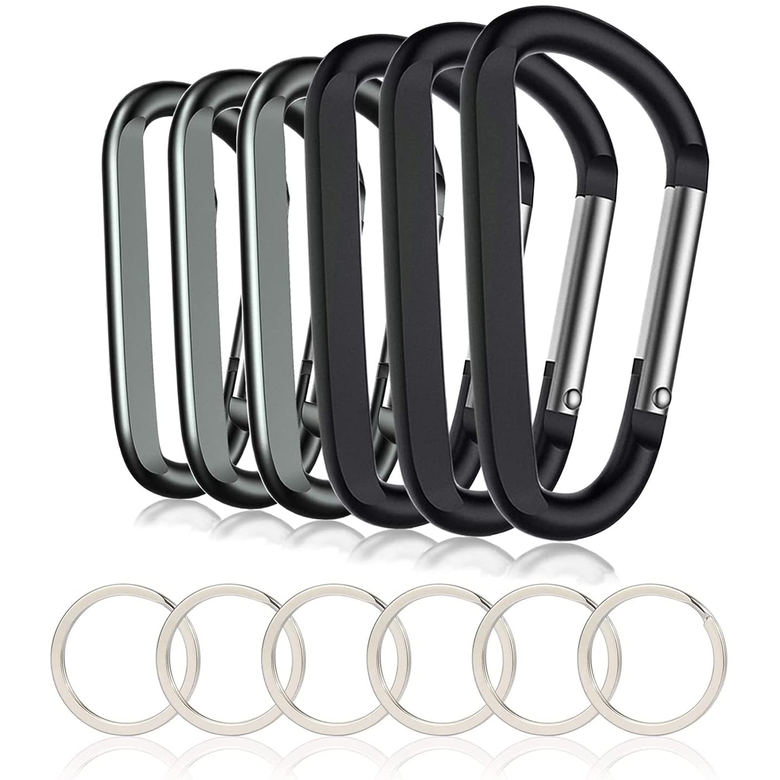 6PCS Black Carabiner Caribeaner Clip,3" Large Aluminum D Ring Shape Carabeaner with 6PCS Keyring Keychain Hook…