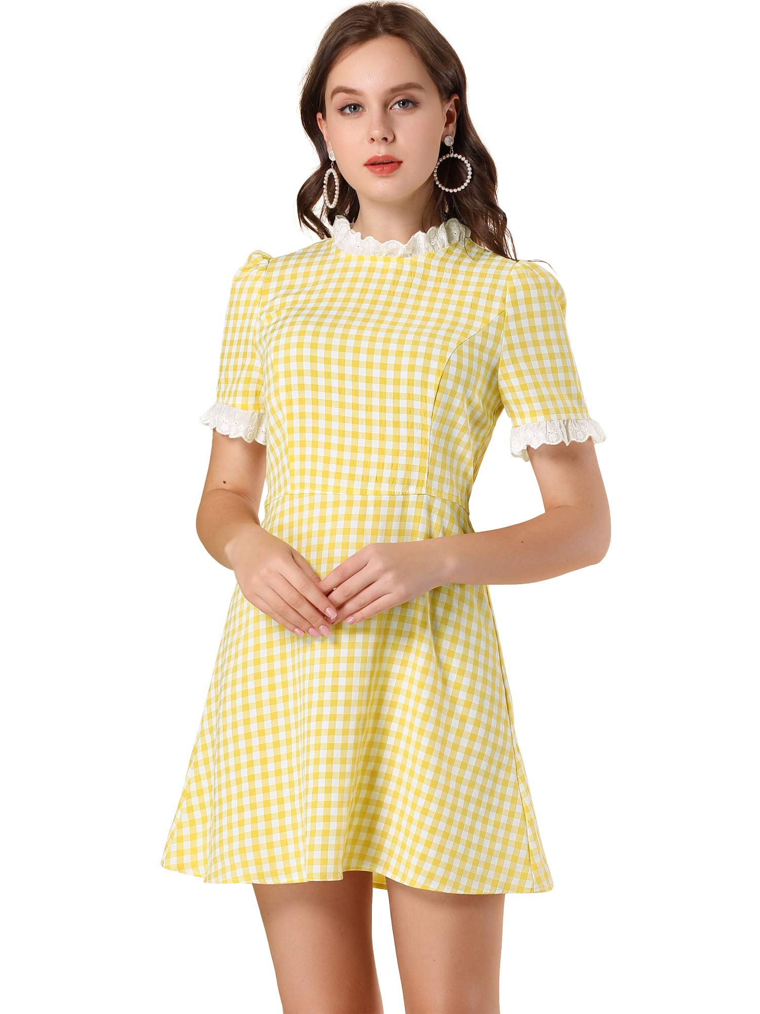 Women's Ruffle Neck Lace Panel Short Sleeve Check Gingham Dress