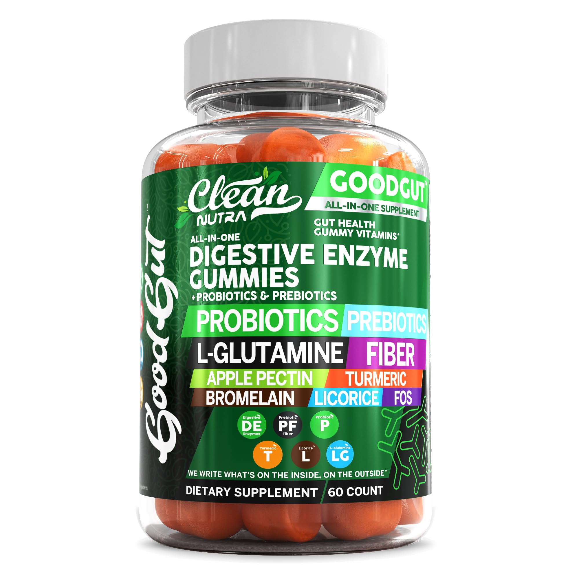 Digestive Enzymes with Probiotics and Prebiotics For Digestive Health Gummies + L-Glutamine For Gut Health Bromelain Turmeric Licorice Fiber Apple Pectin Inulin FOS Plant Pased Vegan Gummy Vitamins