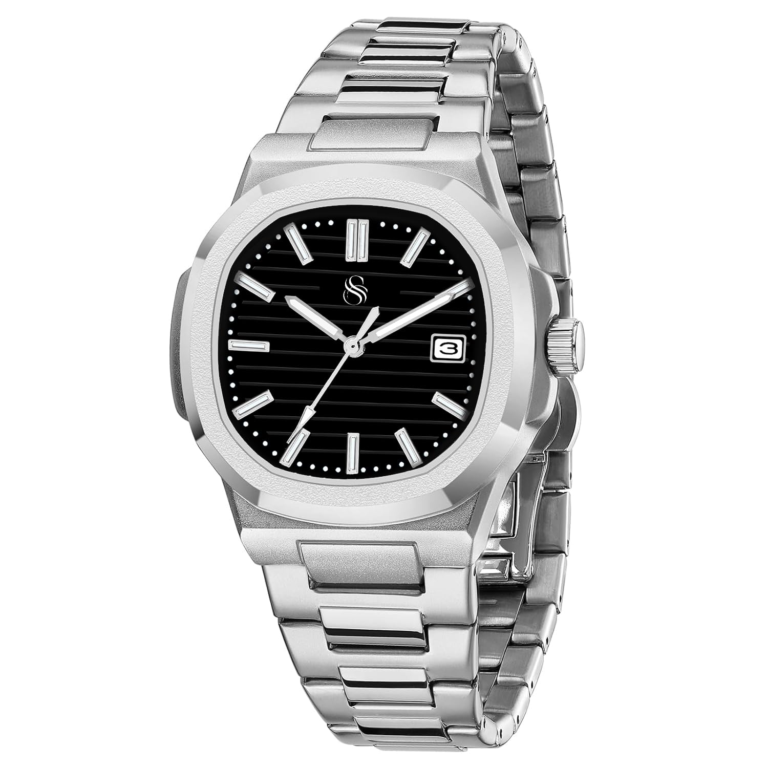 ShocknshopSilver Stainless Steel Analog Square Dial Date Display Wrist Watch for Men -NWCH85