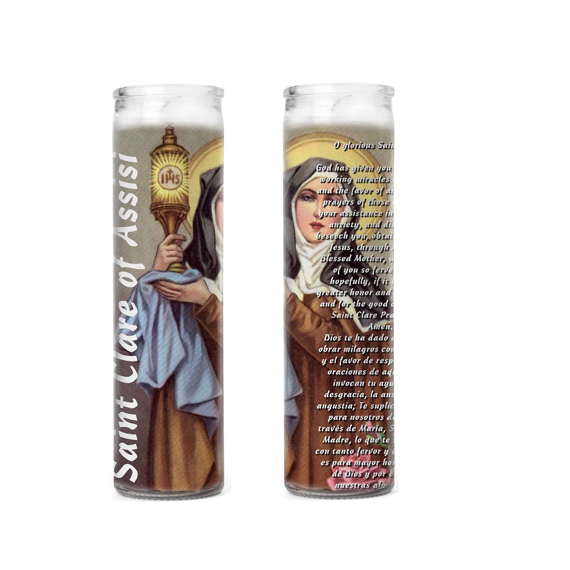 Saint Claire Clare of Assisi 2 Glass Prayer Candles Santa Clara de Asis Patron of Embroiderers and Sore Eyes