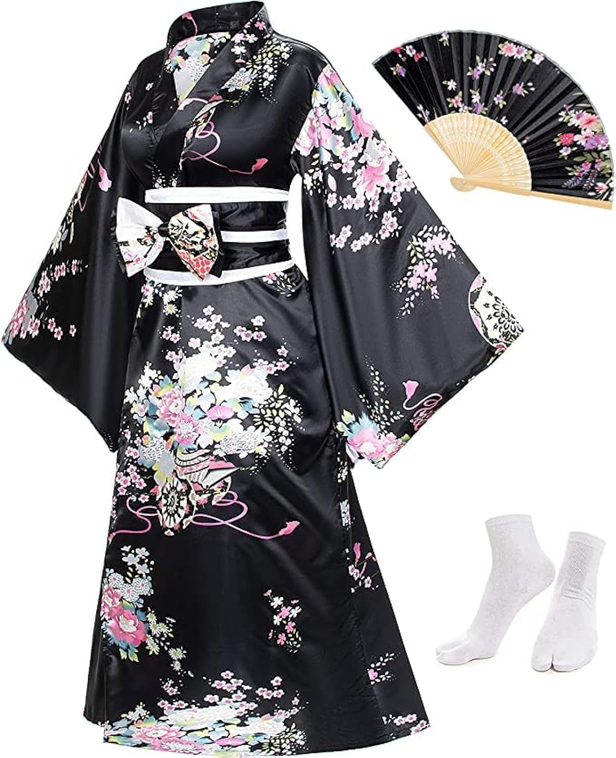 THE WHITE SHOPJapanese Anime Women's Kimono Robe Yukata Sweet Dress Blossom Satin Bathrobe Sleepwear Fans Tabi Socks Set