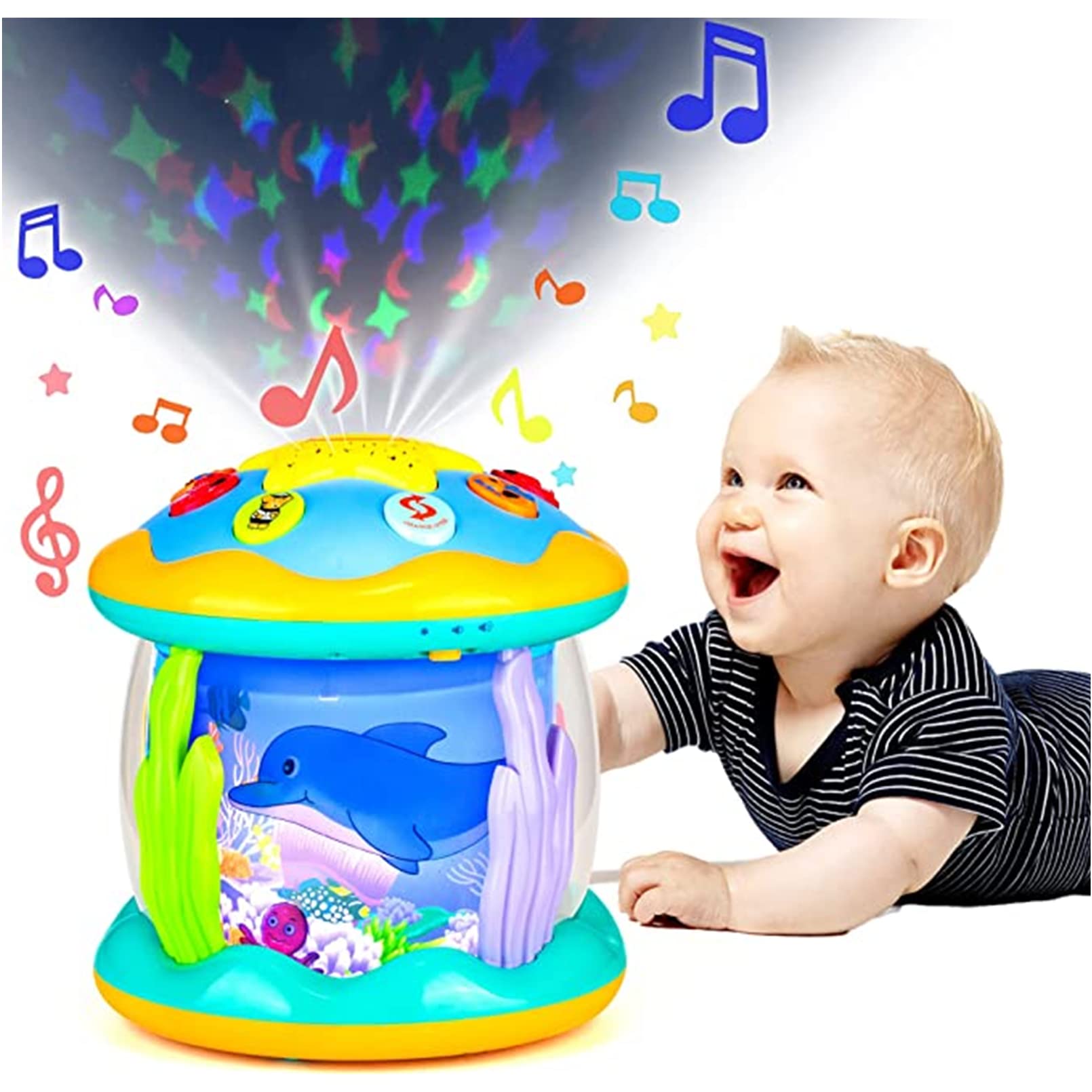 AM ANNA 4 in 1 Musical Baby Toys for Toddlers, Musical Projector Ocean Rotating Tummy Time,Musical Developmental Montessori Light Up Toys for Toddlers 0-3 3-6 12-18 Months Babies Gifts