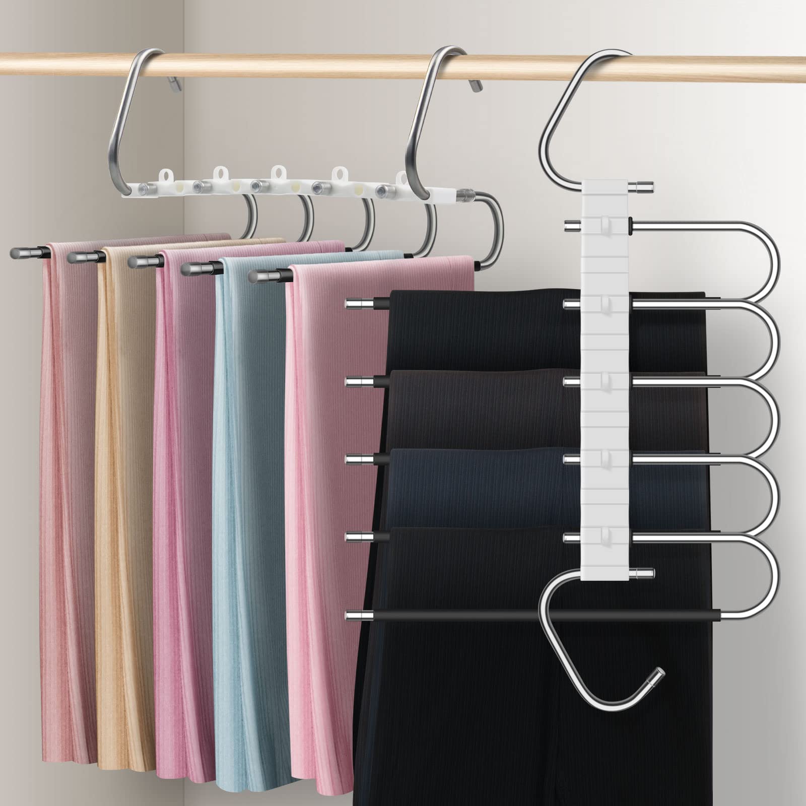 devesanter trouser hangers space saving hangers for wardrobes 2 pack multi-functional pants organizer non slip for Pants Jeans Clothes Scarf Towels (Black with 10 clips)