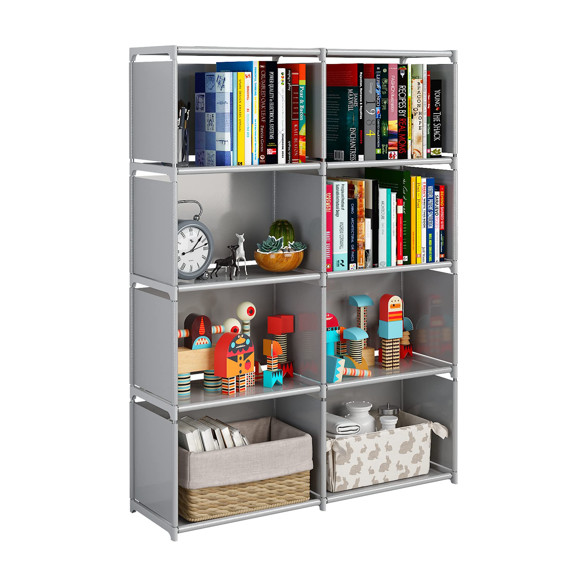 JIUYOTREE 5-Tiers Closet Storage Organiser with Fabric Cloth at Back, Double Row Modular Cubes Bookshelf, Living Room, Study Room, Bedroom, Grey