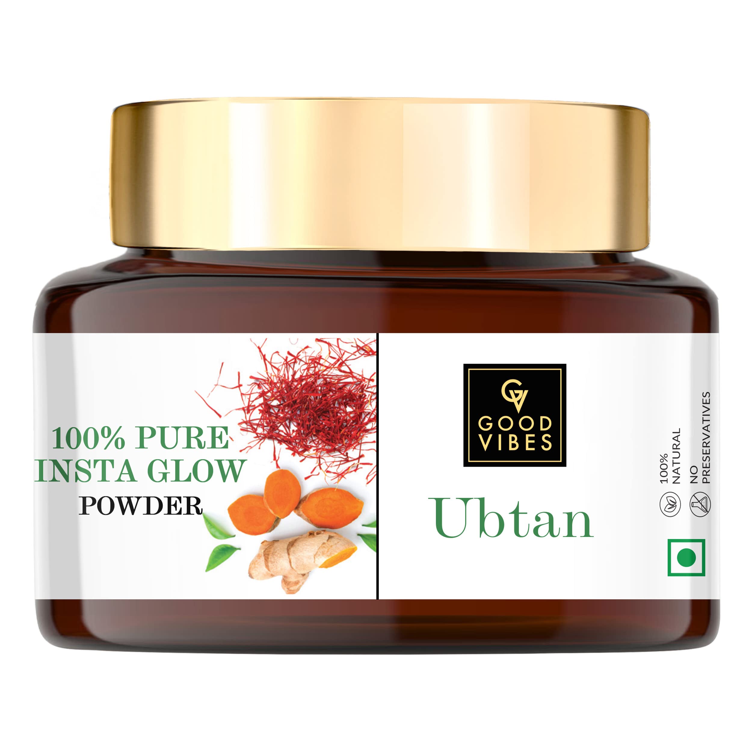 Good Vibes Ubtan 100% Pure Insta Glow Powder, 150 g | Detoxifying Cleansing Brightening Face Pack Powder For All Skin Types | With Turmeric, Saffron, Gram Flour | No Parabens, Sulphates & Mineral Oil