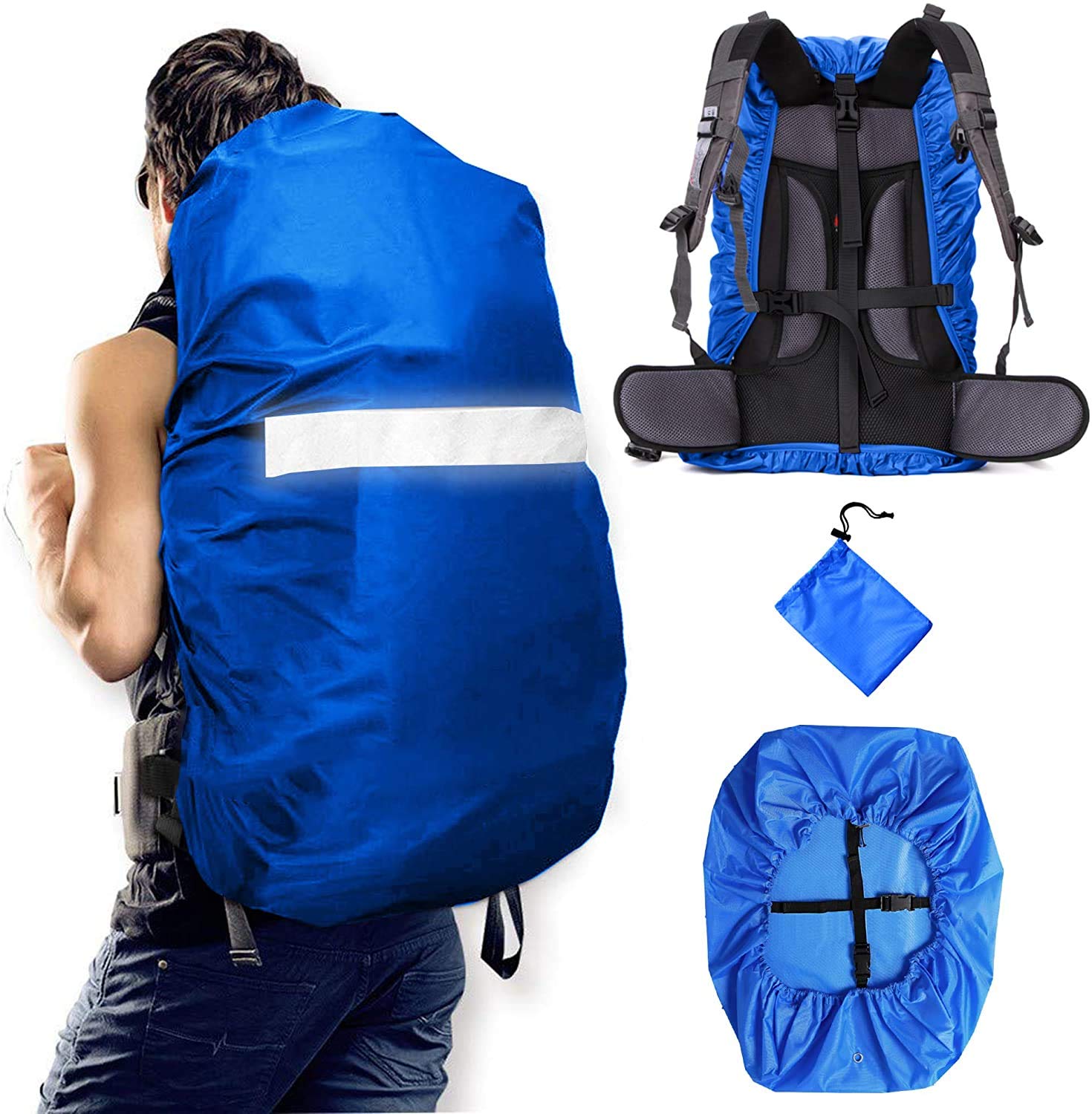 Waterproof Backpack Rain Cover for 30-40 L, Upgraded Anti-Slip Cross Buckle Straps, Triple Strengthened Layers for Hiking Camping Traveling Cycling, Blue